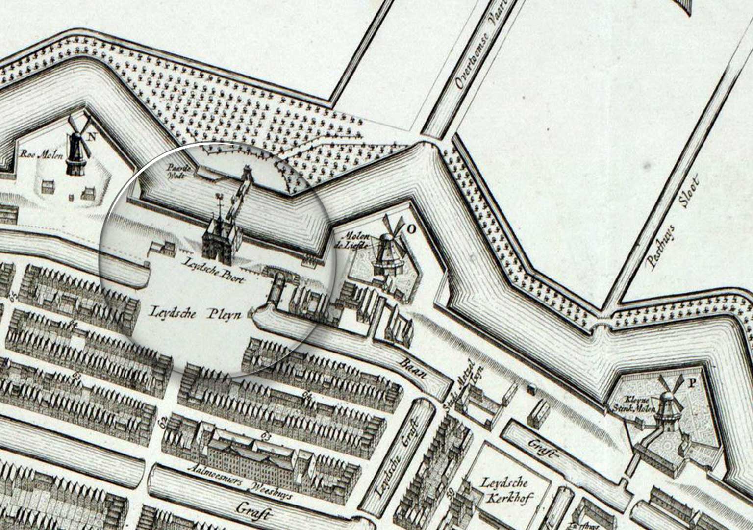 Leidseplein on a map from 1737 by Gerrit de Broen