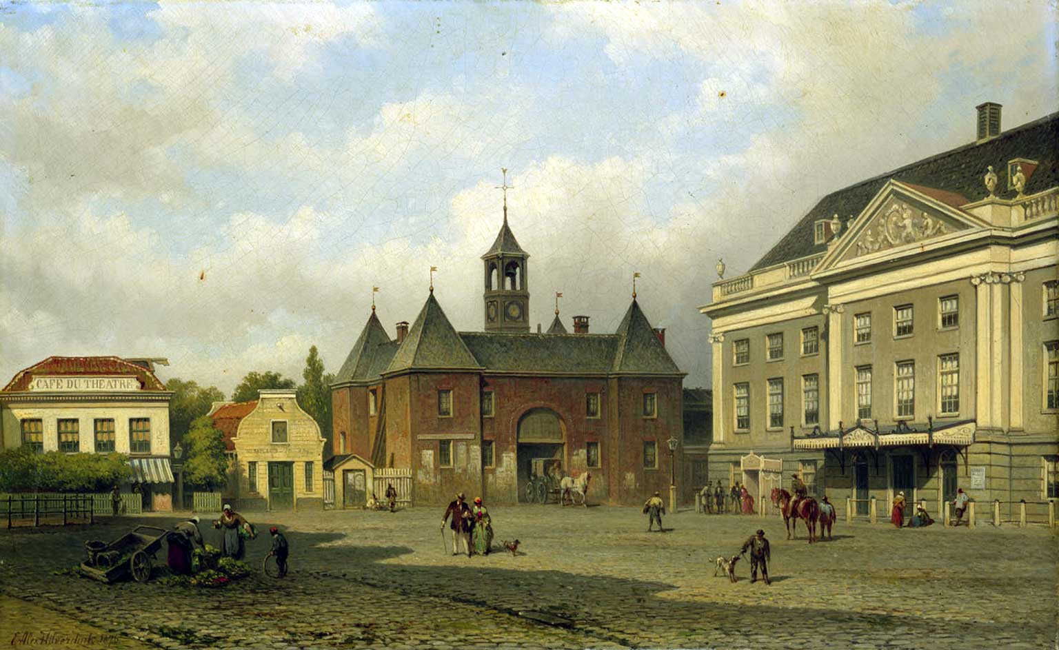 Leidsepoort met de eerste Stadsschouwburg, schilderij van Eduard Alexander Hilverdink