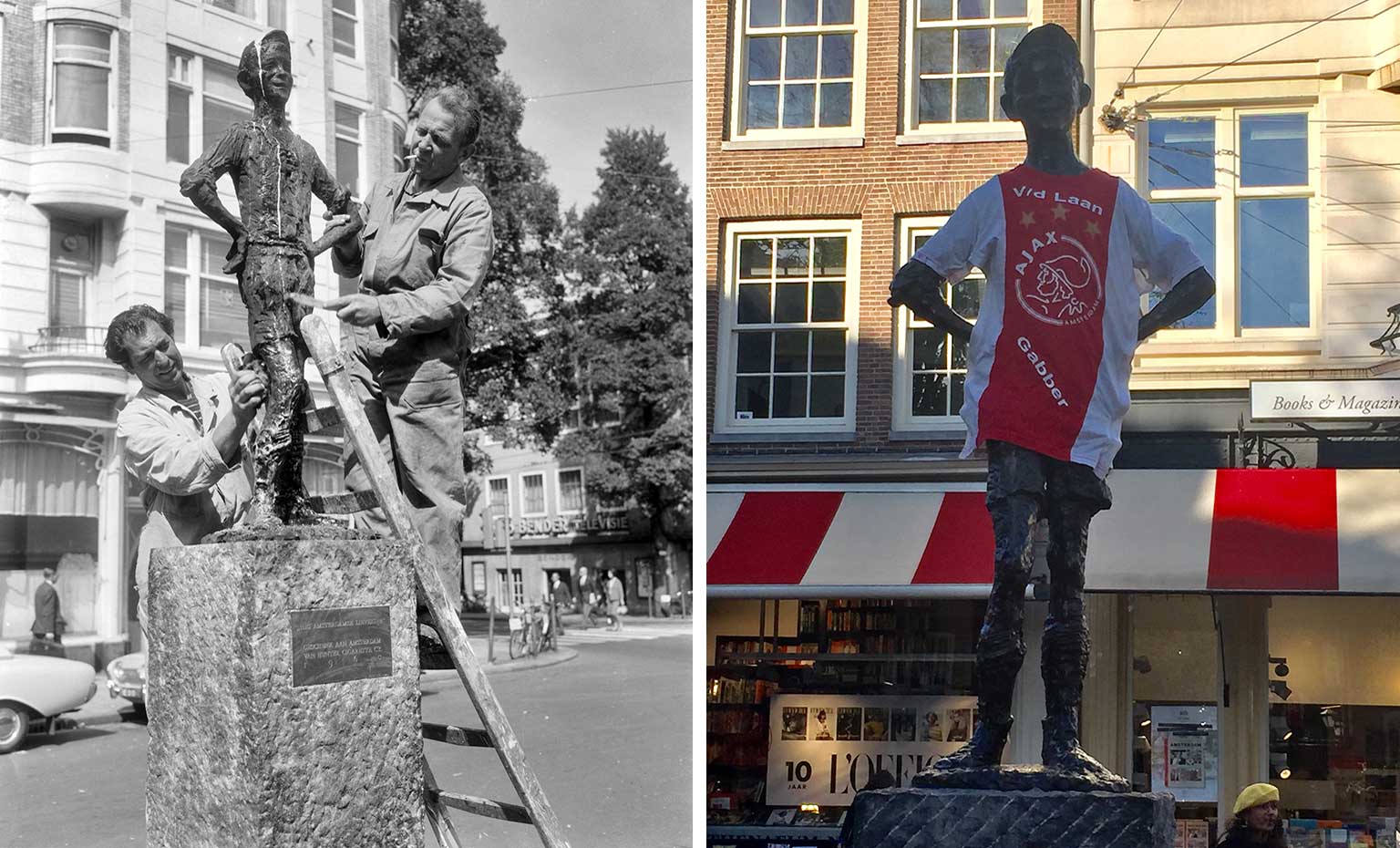 Links: beeld het Lieverdje, Amsterdam, tijdens schoonmaak in 1965 - Rechts: Lieverdje in Ajax-shirt