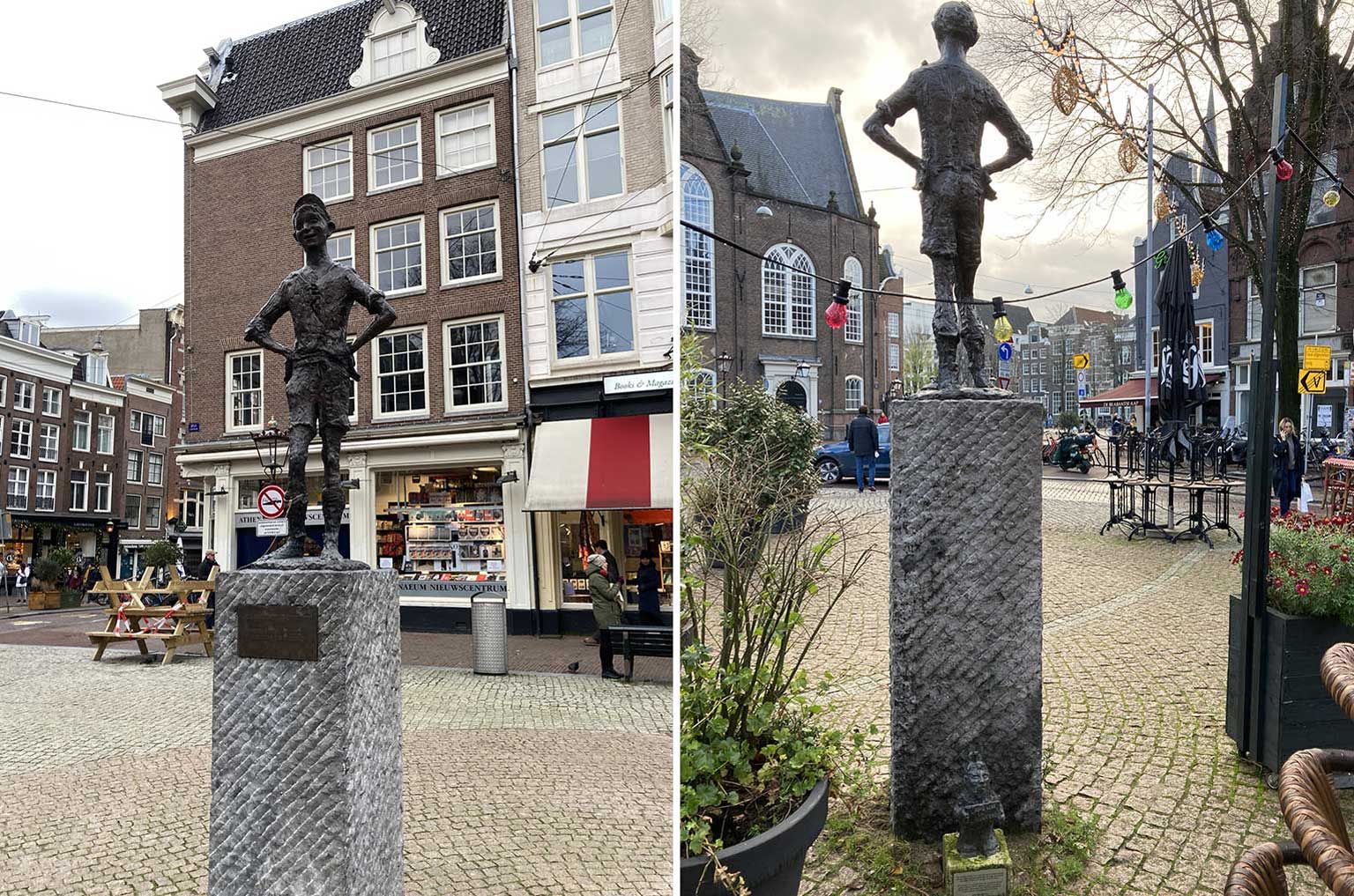 Left: front of Het Lieverdje, Amsterdam. Right: back of Het Lieverdje with added gnome statuette