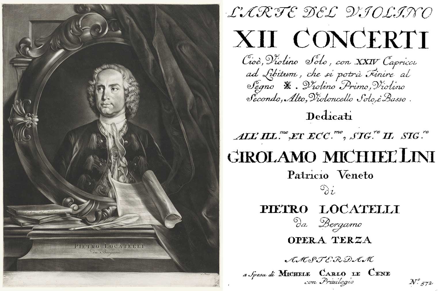 Portret van Locatelli door Cornelis Troost en voorblad van zijn L’arte del violino