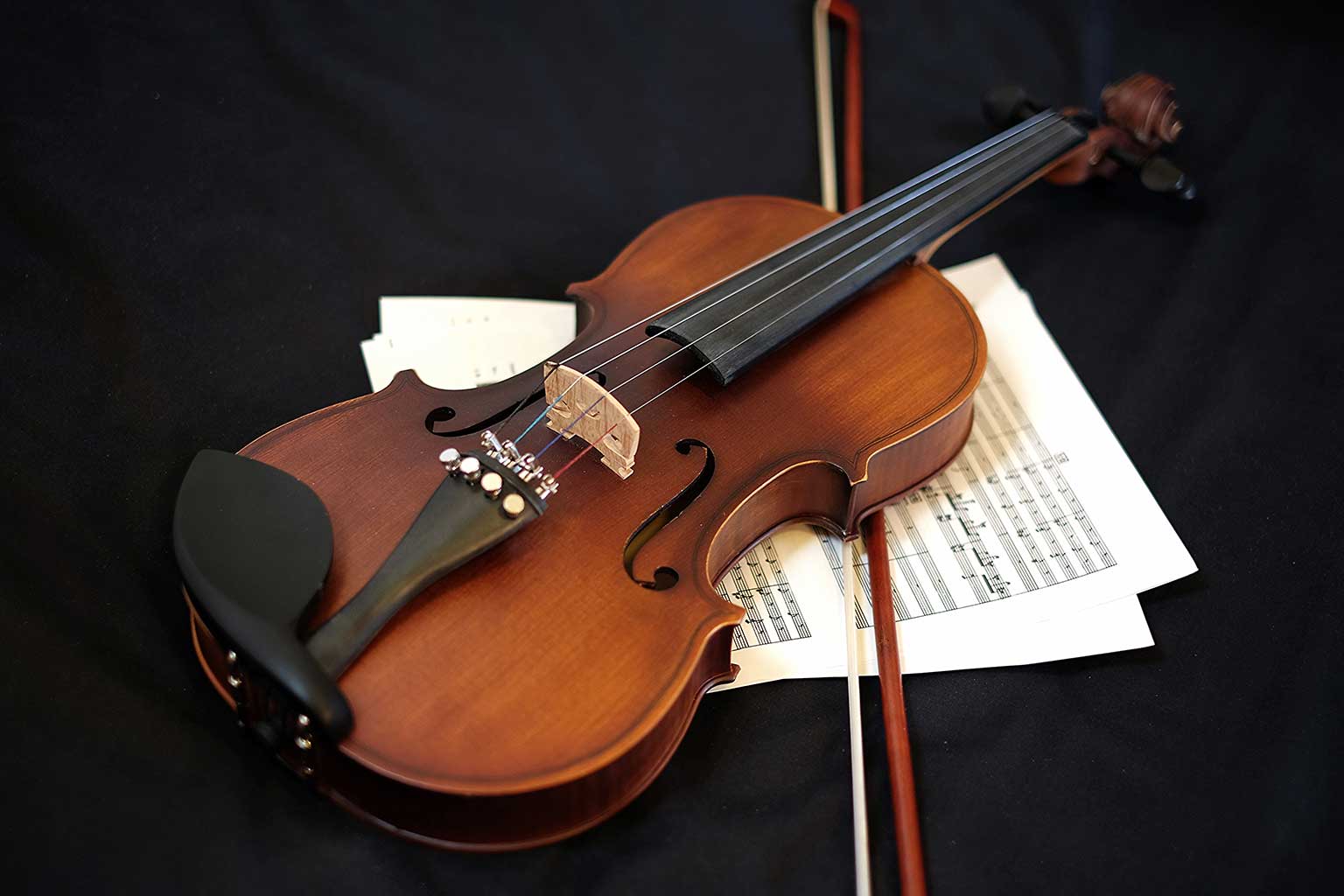 Violin resting on a bow and music score