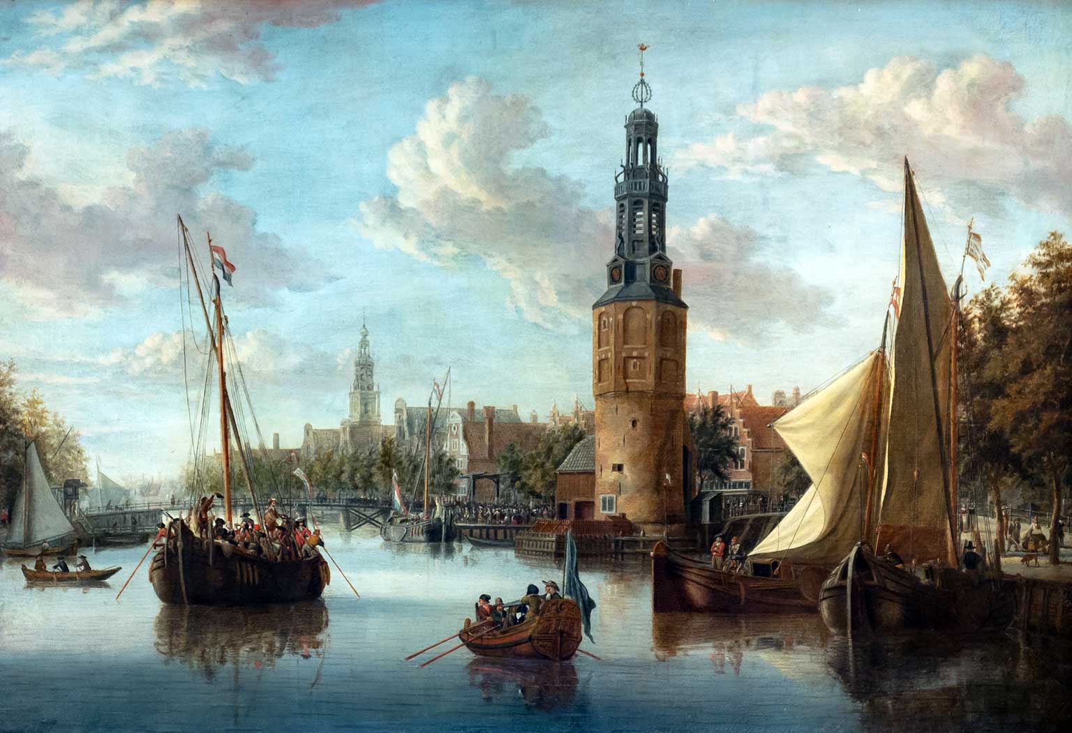 Inscheping van troepen bij de Montelbaanstoren, Amsterdam, schilderij van Abraham Storck
