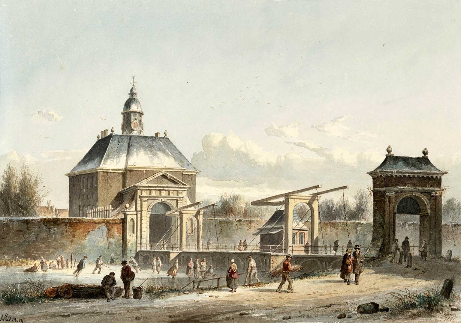 Weesperpoort, Amsterdam, in 1850, tekening van Adriaan Eversen