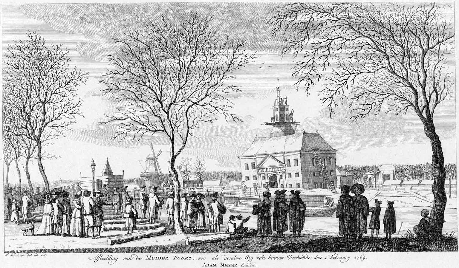 Demolition of the Muiderpoort gate, Amsterdam, in 1769, drawing by Jan Schouten