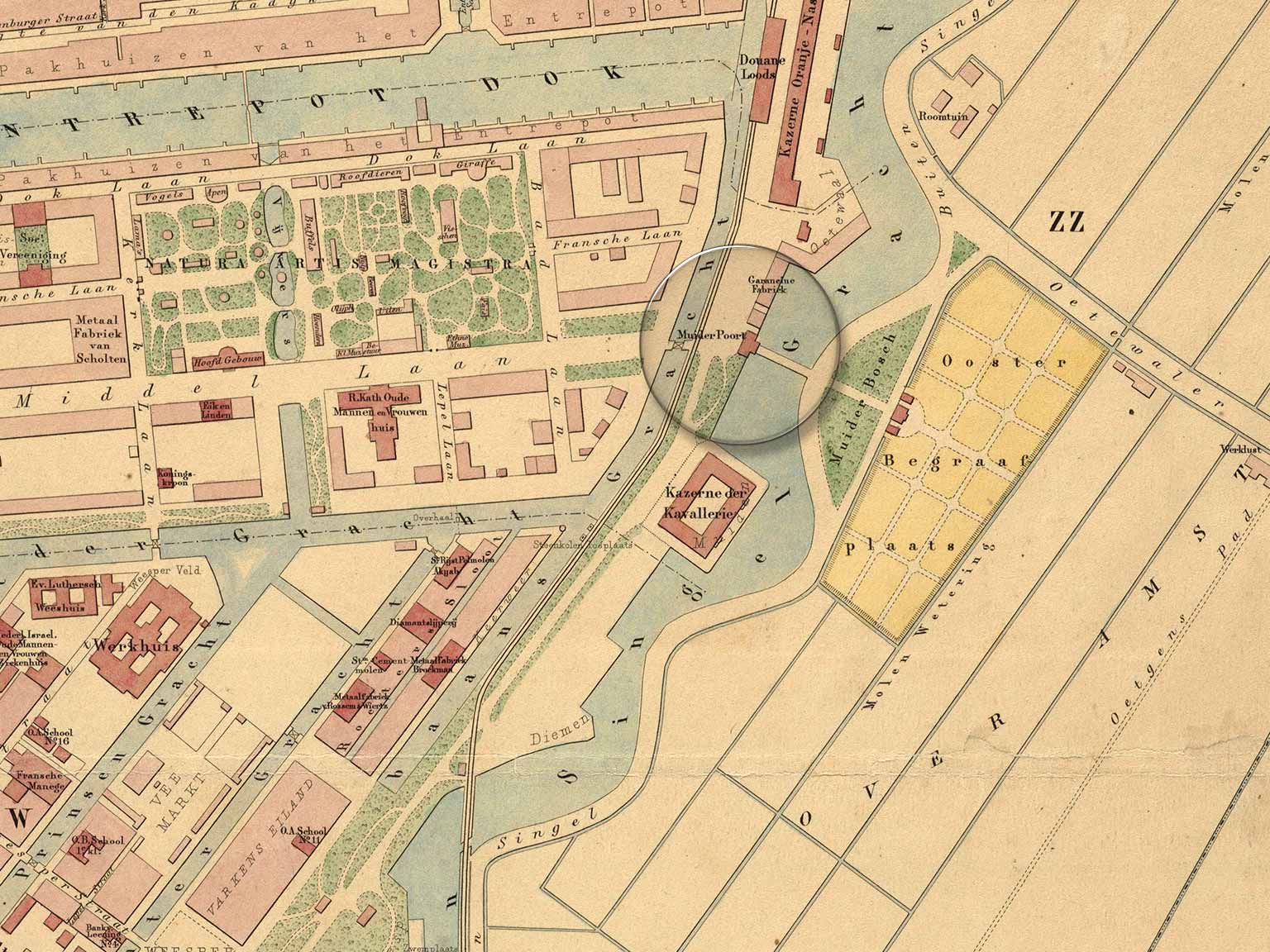 Muiderpoort, Amsterdam, detail van een kaart uit 1867
