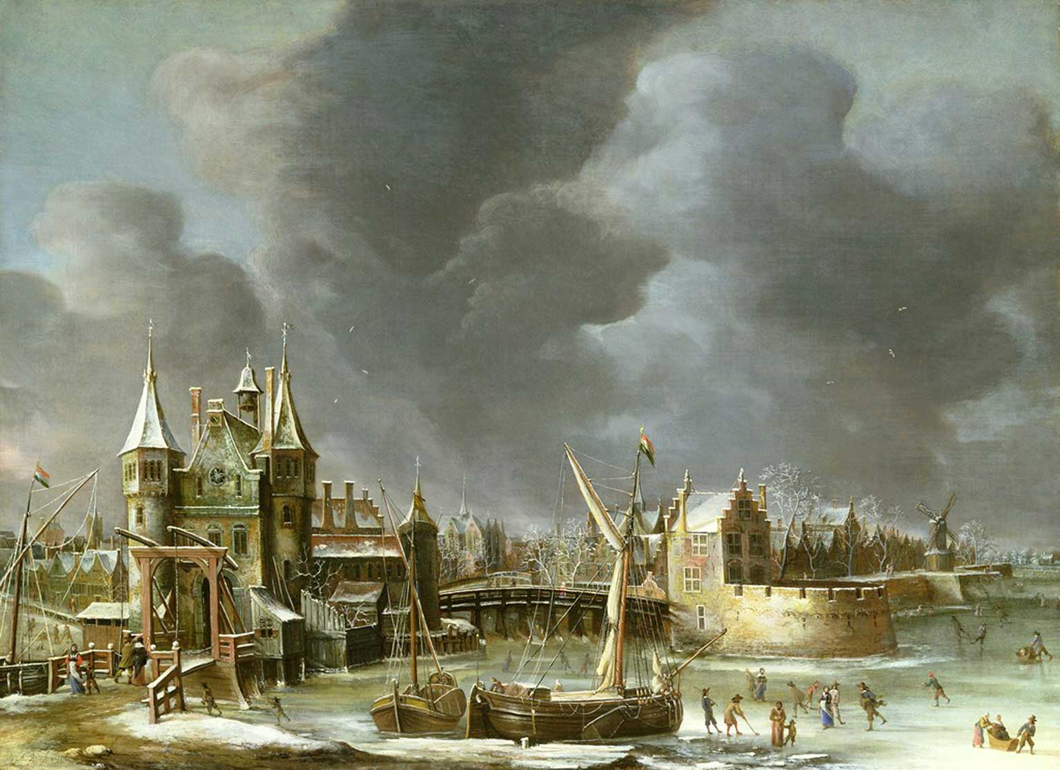 Oude Regulierspoort in Amsterdam in de winter, schilderij uit 1650 van Abraham Beerstraten
