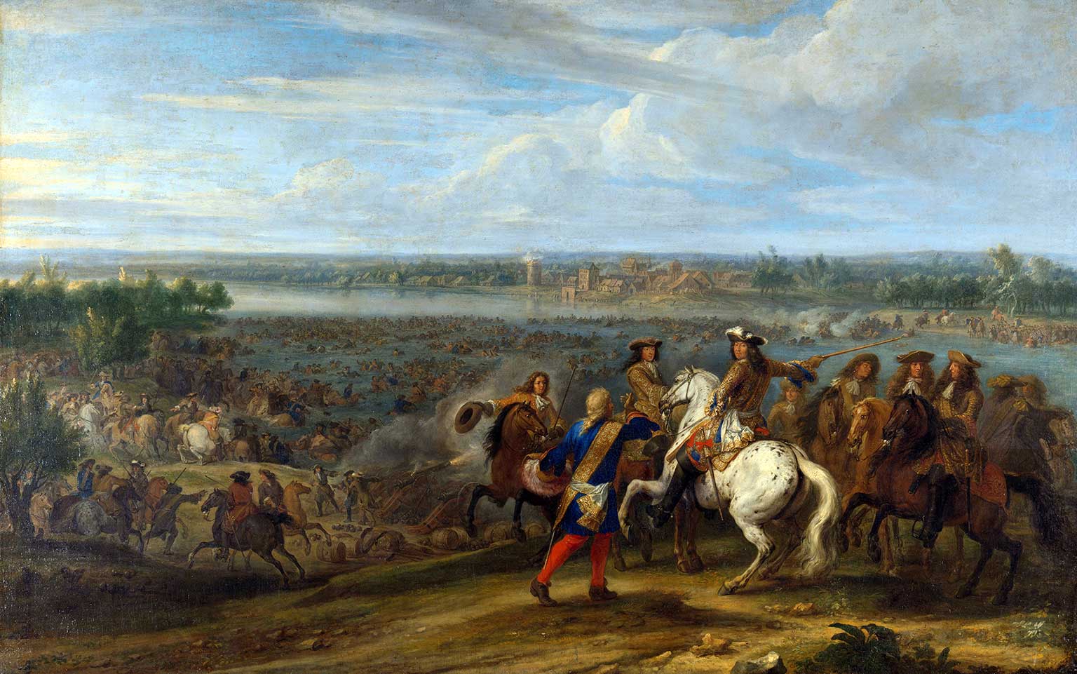 Louis XIV van Frankrijk steekt de Rijn over bij Lobith in 1672, schilderij van Adam Frans van der Meulen