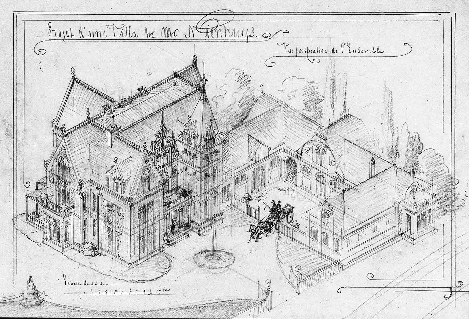Villa Medan in Baarn in vogelvlucht, tekening uit 1883 van architect A. Salm