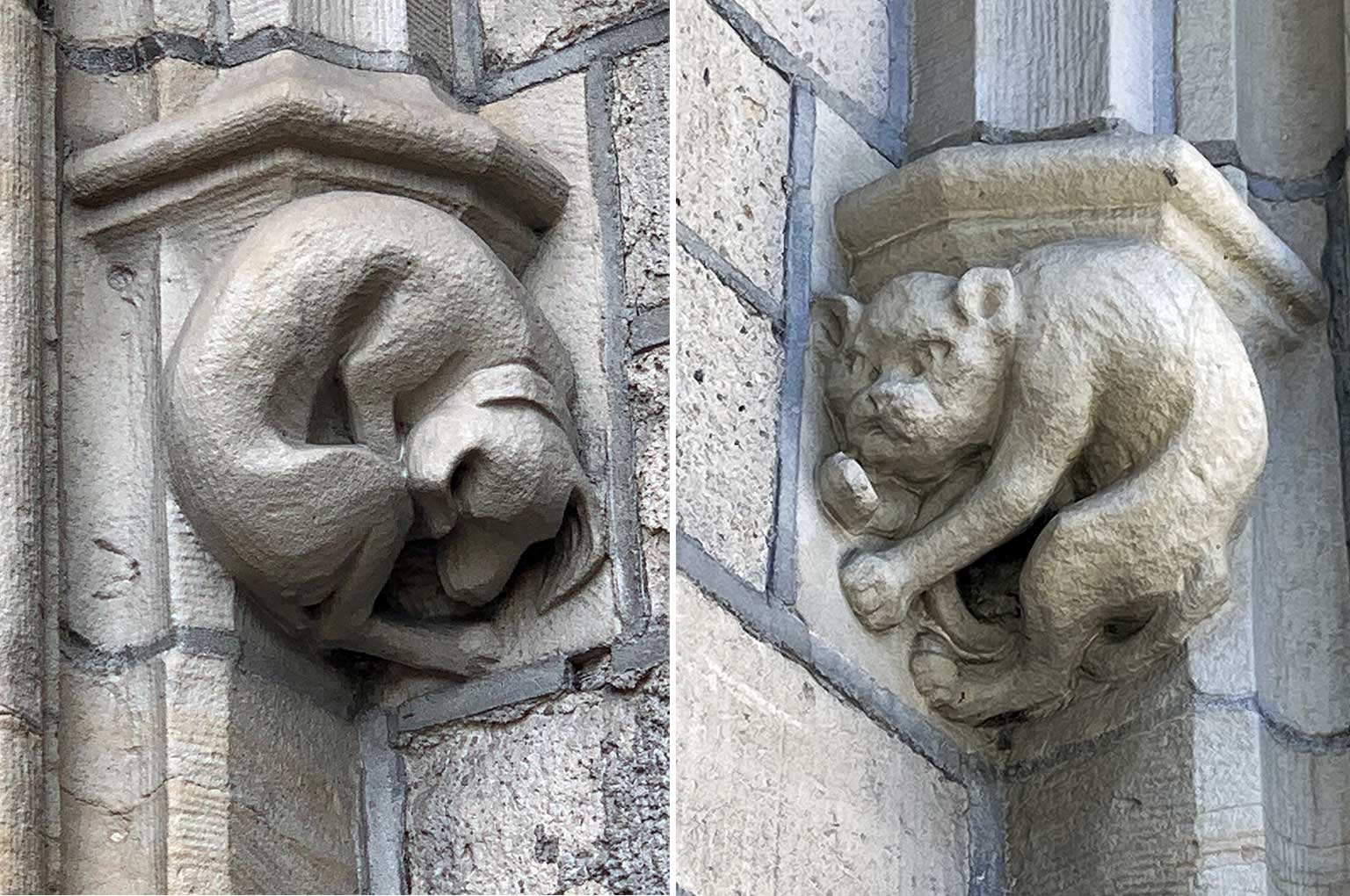 Two sculptures on the wall of the Nieuwe Kerk, Mozes en Aäronstraat, Amsterdam