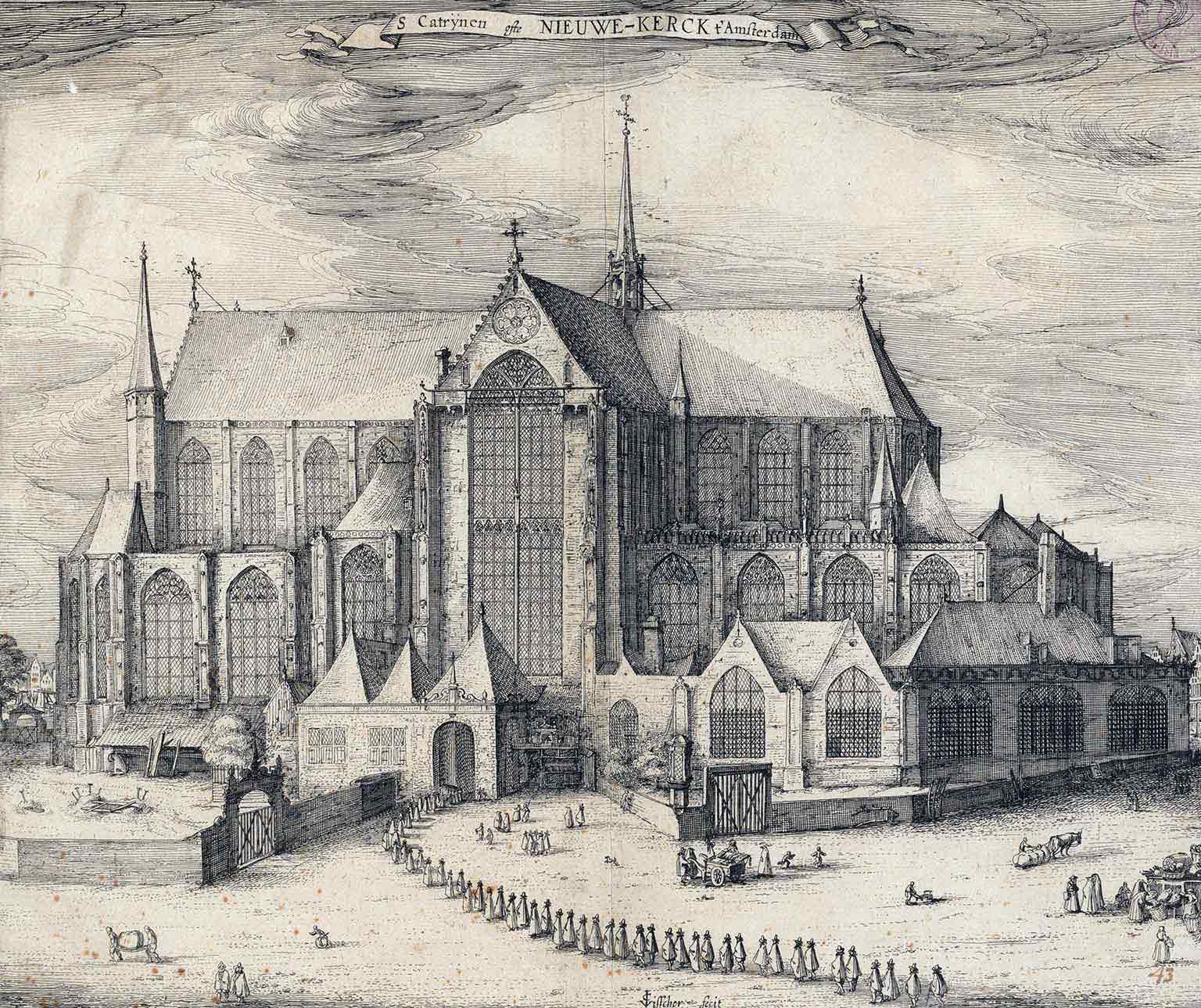 Nieuwe Kerk, Amsterdam, vanaf de Dam gezien in 1613, tekening van Claes Jansz Visscher