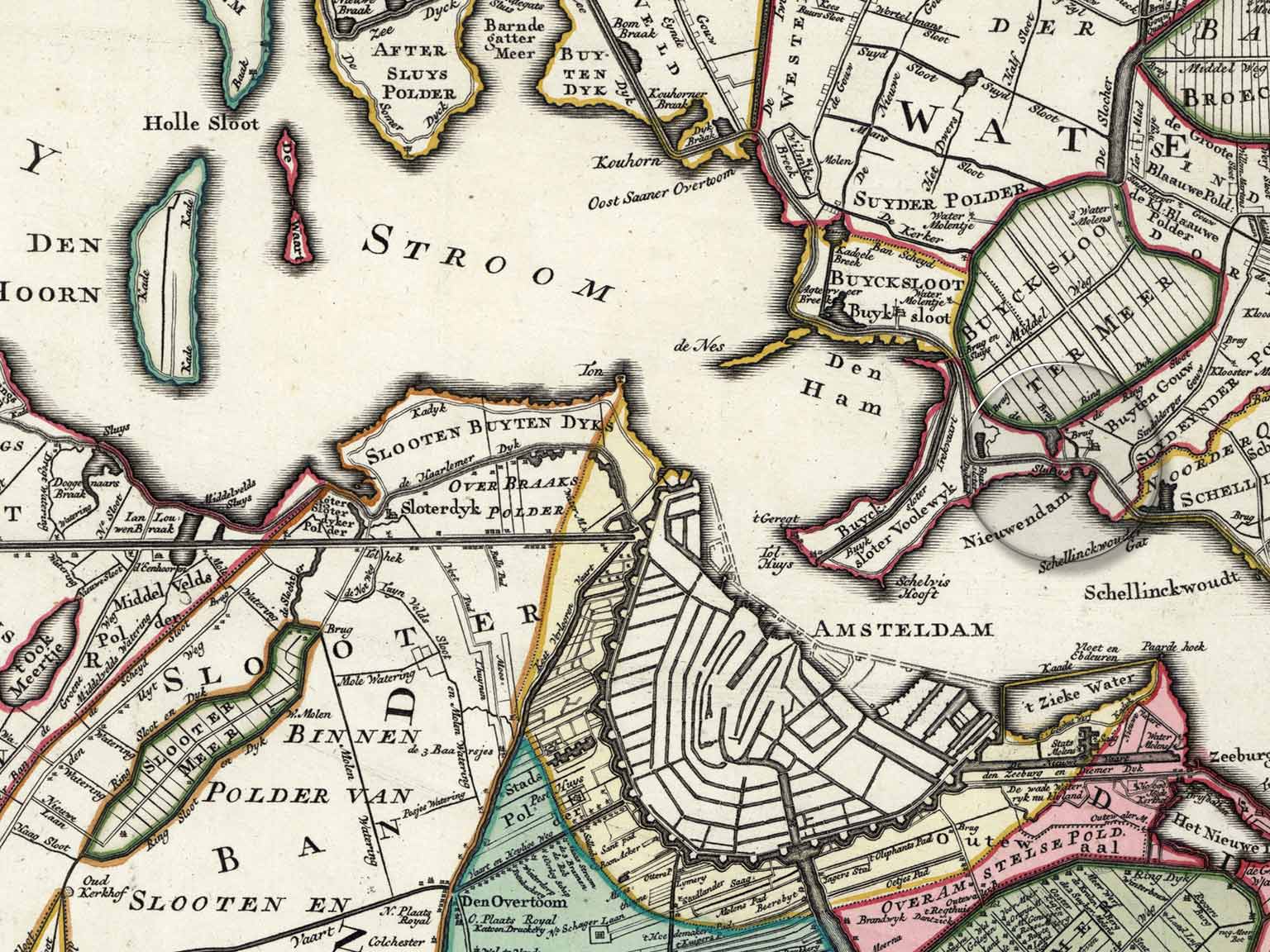 Het dorp Nieuwendam, deel van een kaart uit 1749 van Covens en Mortier