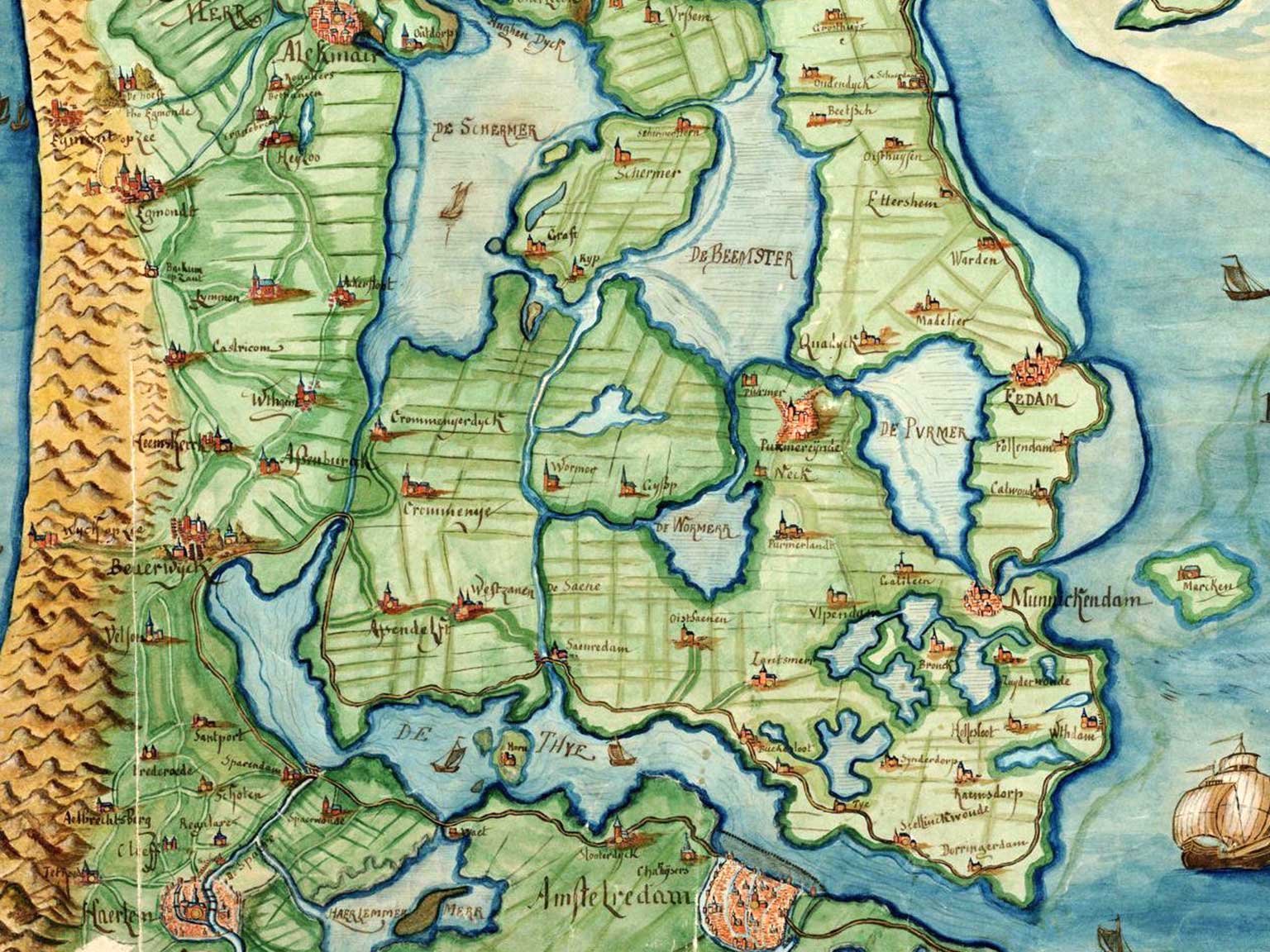 Detail van een kaart uit 1573 van Noord-Holland en West-Friesland van Christiaan Sgrooten