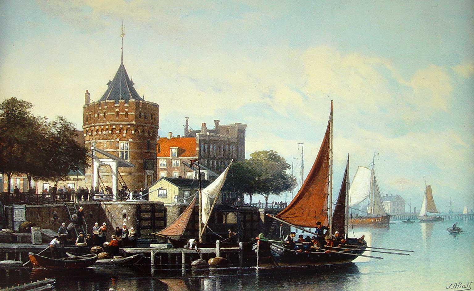 Harbor view in Amsterdam with Schreierstoren and Waterland milk barge, painting by J.A. Rust