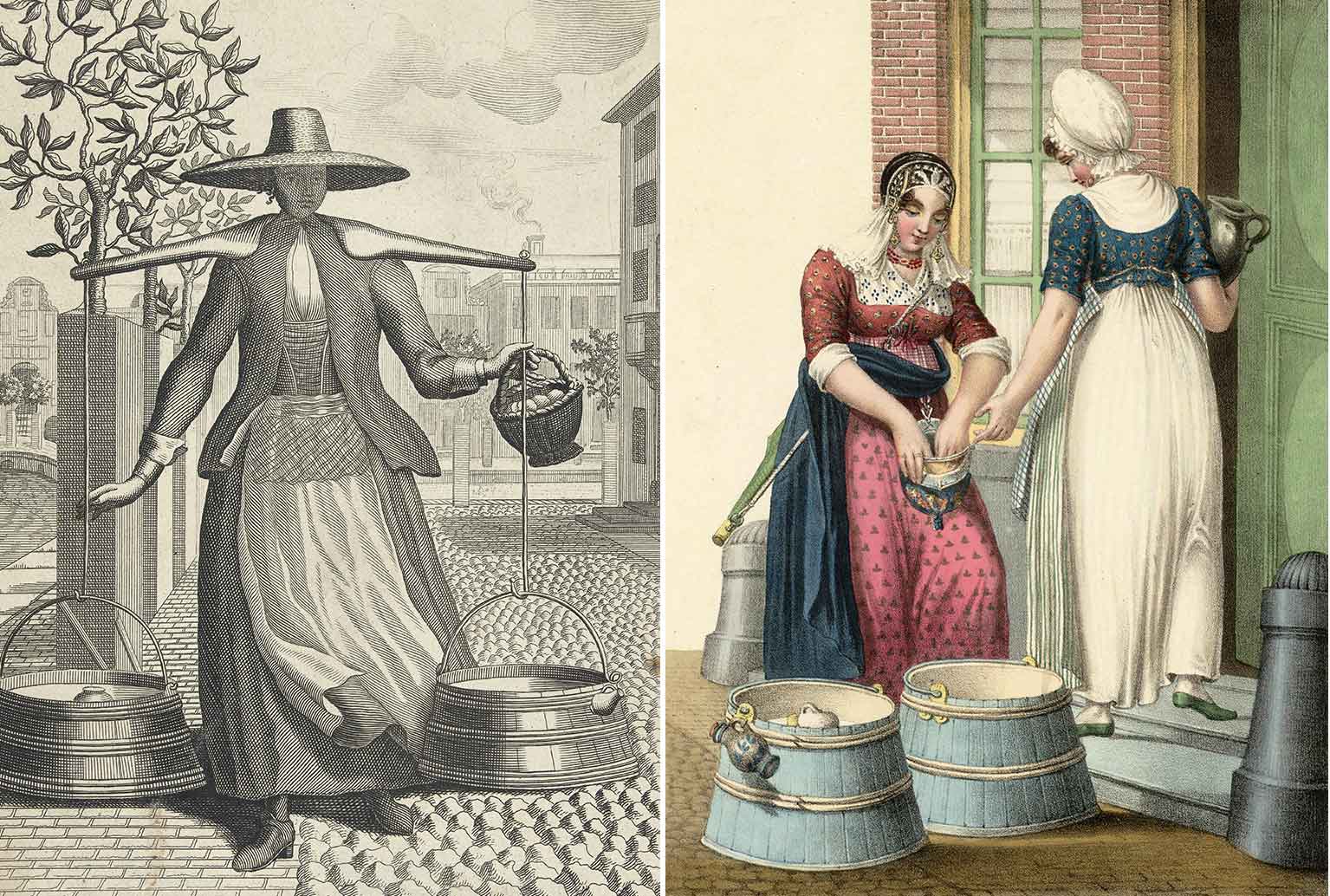 Links een Waterlands melkmeisje rond 1700, rechts een melkmeisje dat aan een dienstmeid verkoopt