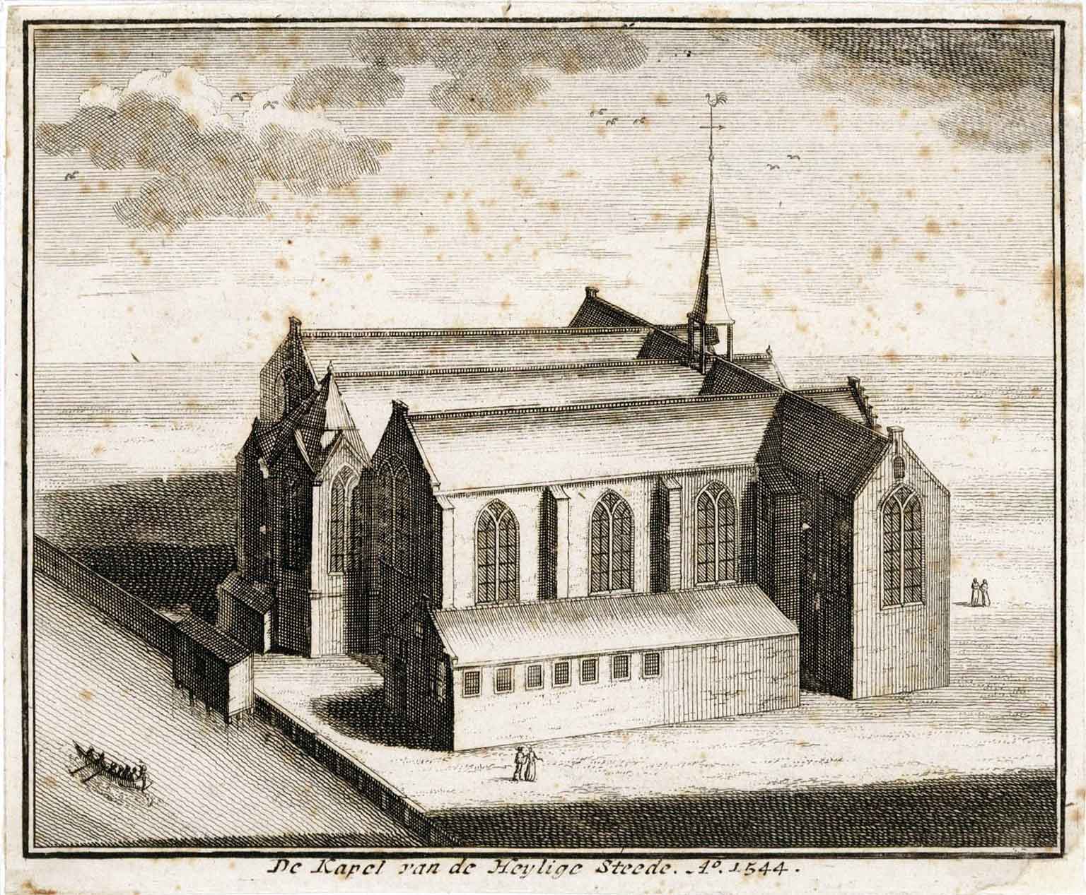 Gravure van de Kapel van de Heilige Stede in 1544, Rokin, Amsterdam