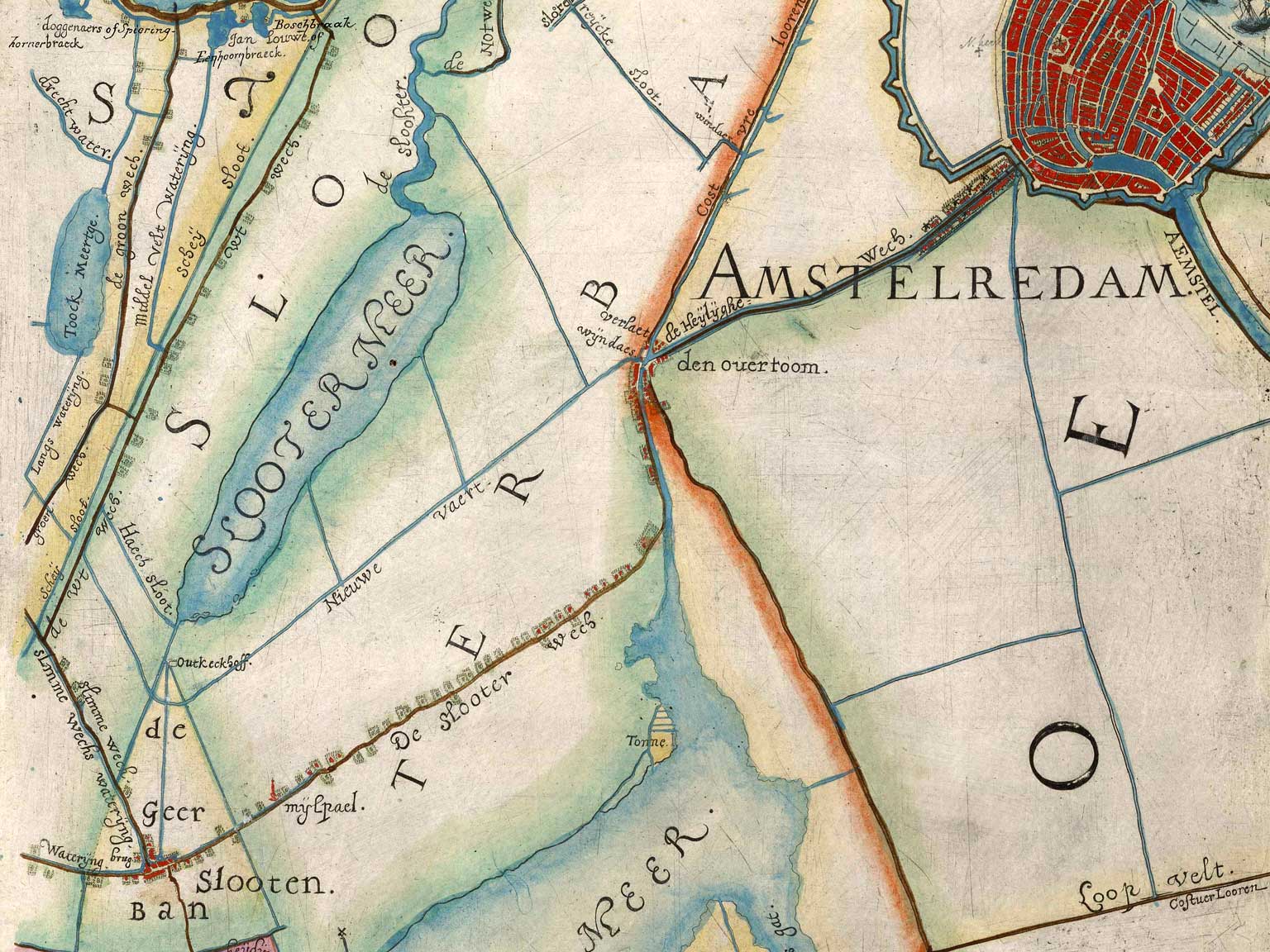 Detail van een kaart uit 1615, met de pelgrimsroute lang de Sloterweg en de Overtoom, Amsterdam