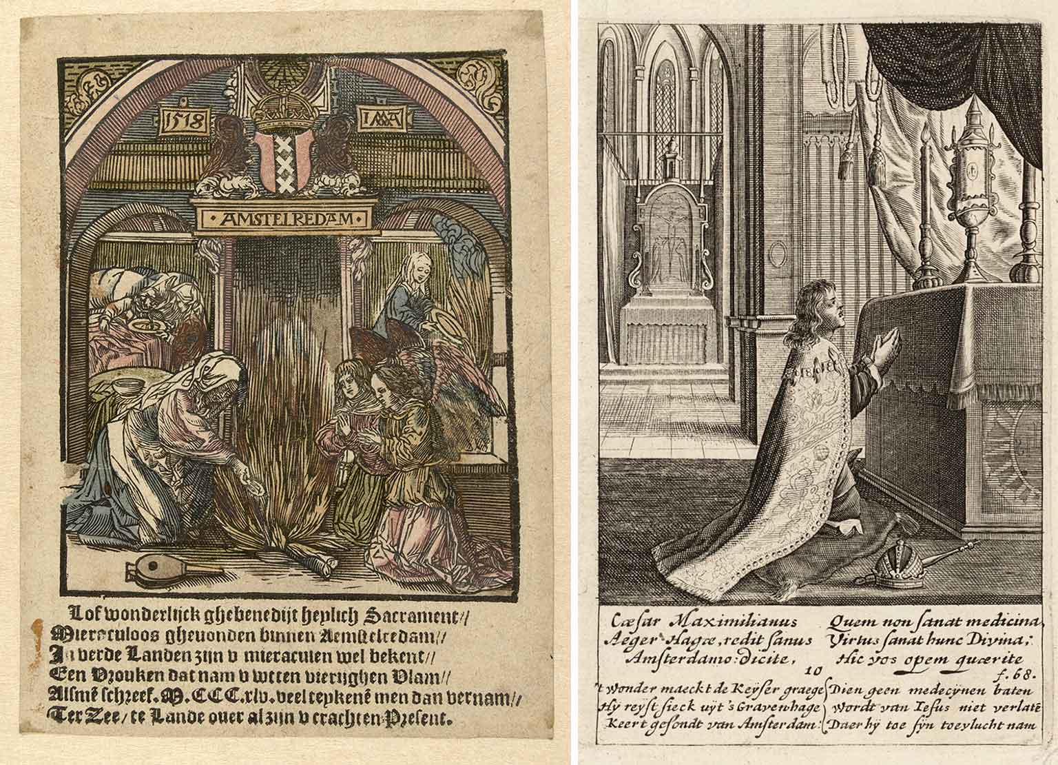Miracle of Amsterdam prayer card and Emperor Maximilian I in 1484 at the Holy Stead, Amsterdam