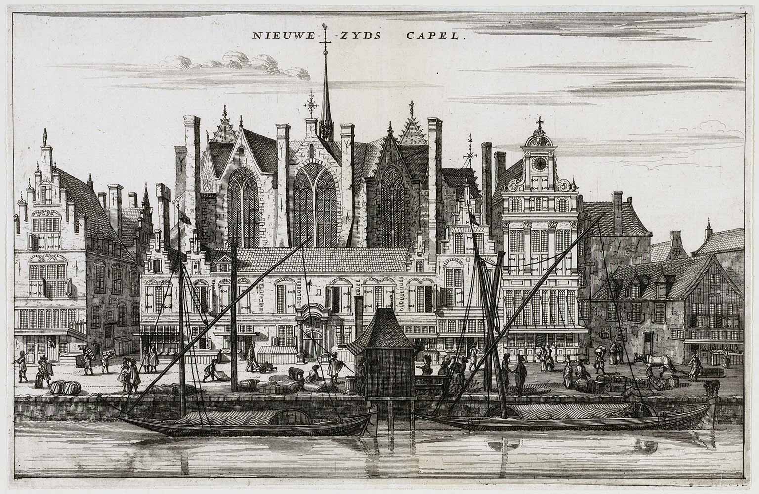 Gravure van de Nieuwezijds Kapel in 1663, Rokin, Amsterdam, met veerboten op de voorgrond