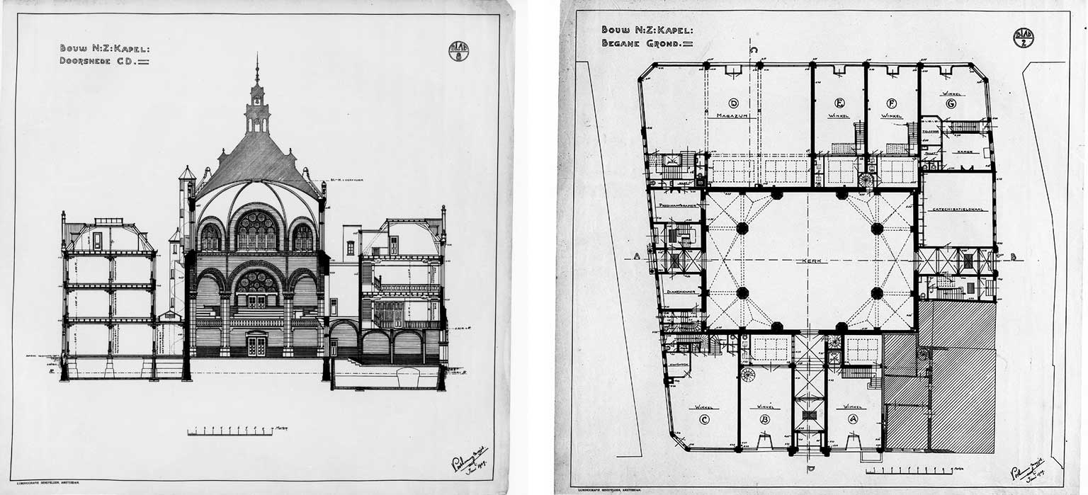 Doorsnede en vloerplan van de Nieuwezijds Kapel, Amsterdam, van architect C.B. Posthumus Meyjes, 1909
