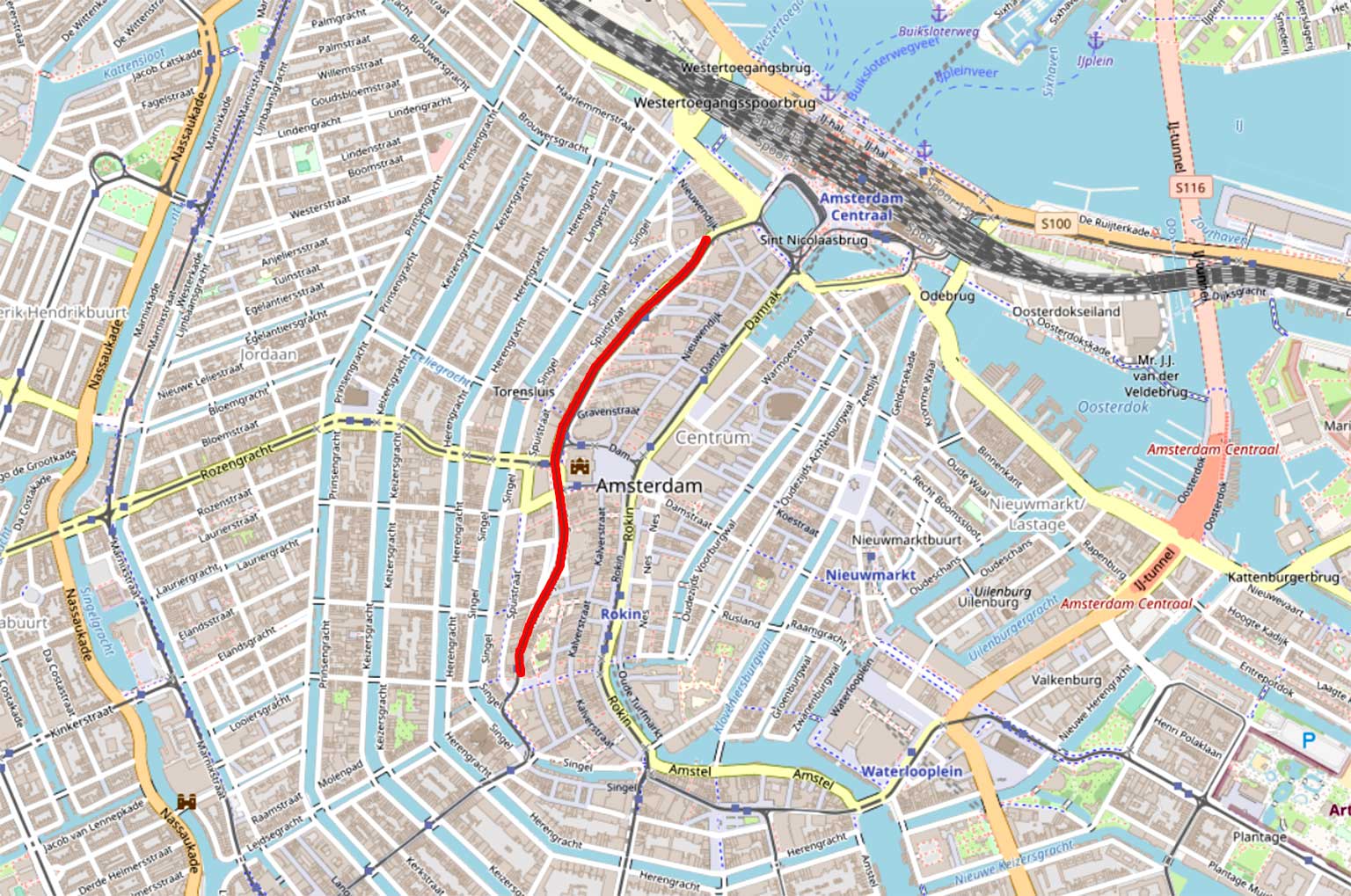 De Nieuwezijds Voorburgwal, Amsterdam, op de huidige kaart