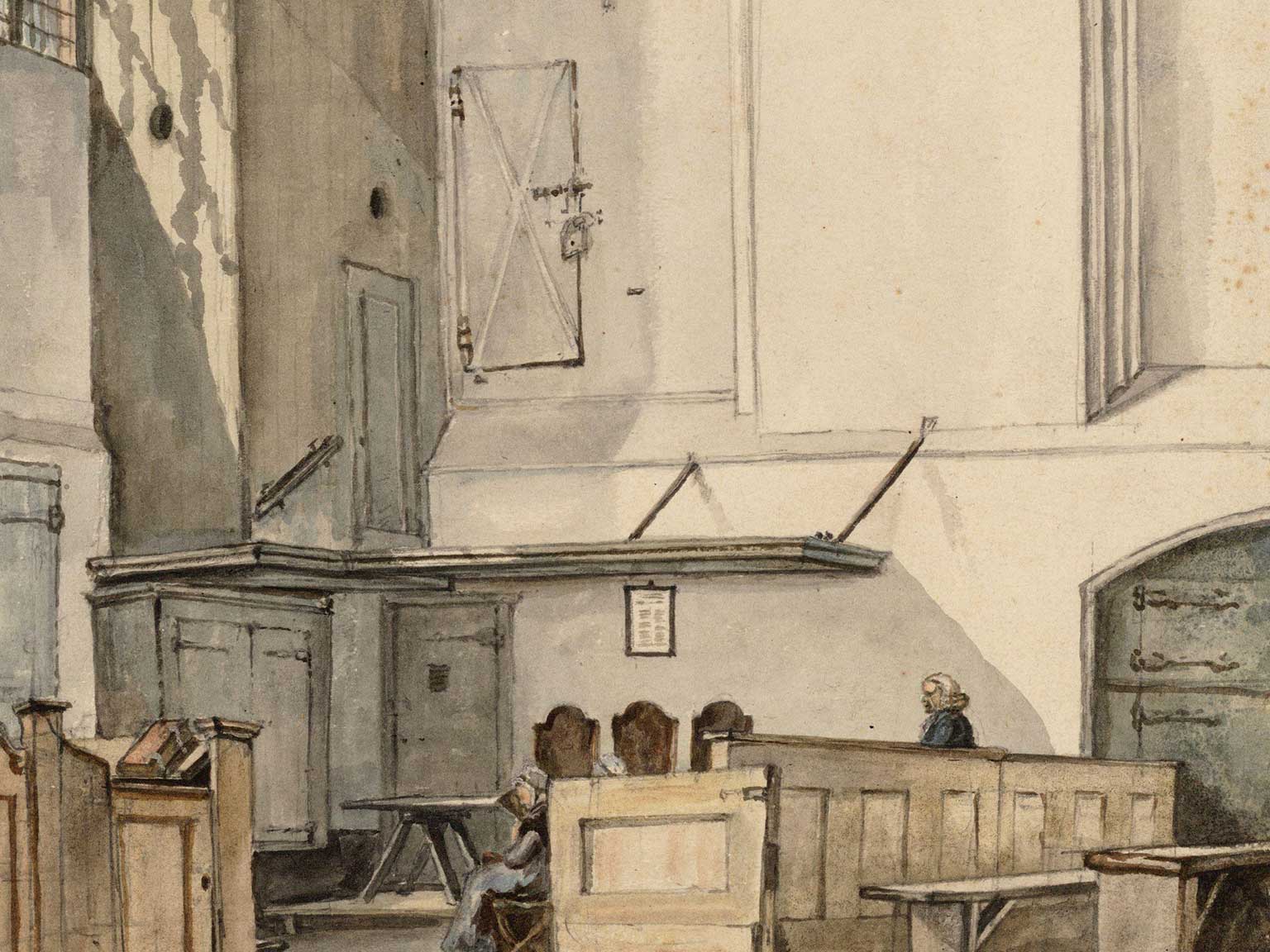 Tekening uit 1818 van Gerrit Lamberts, met deur IJzeren Kapel, Oude Kerk, Amsterdam