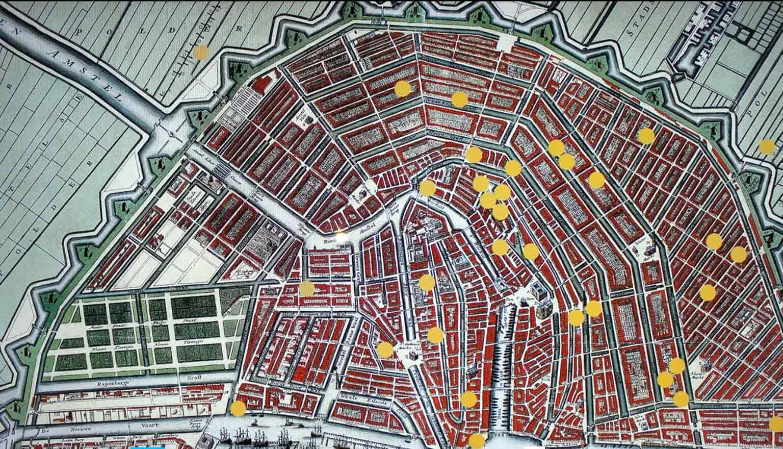 Kaart met katholieke schuilkerken in Amsterdam, 1578-1853