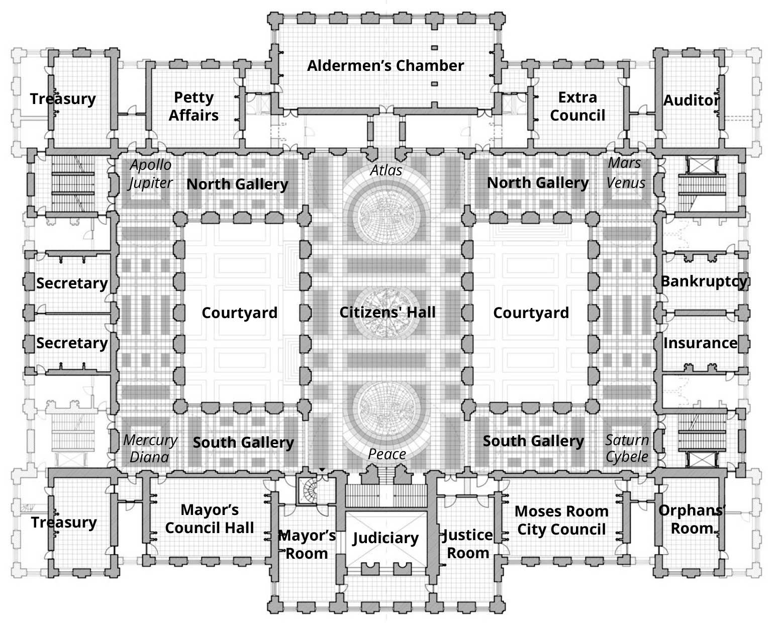 Map of the first floor of the Amsterdam City Hall with functions as in 1655 EN