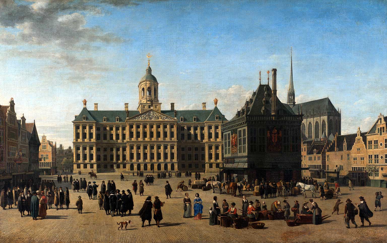 De Dam, Amsterdam, met stadhuis en oude Waag, schilderij van Berckheyde uit 1668