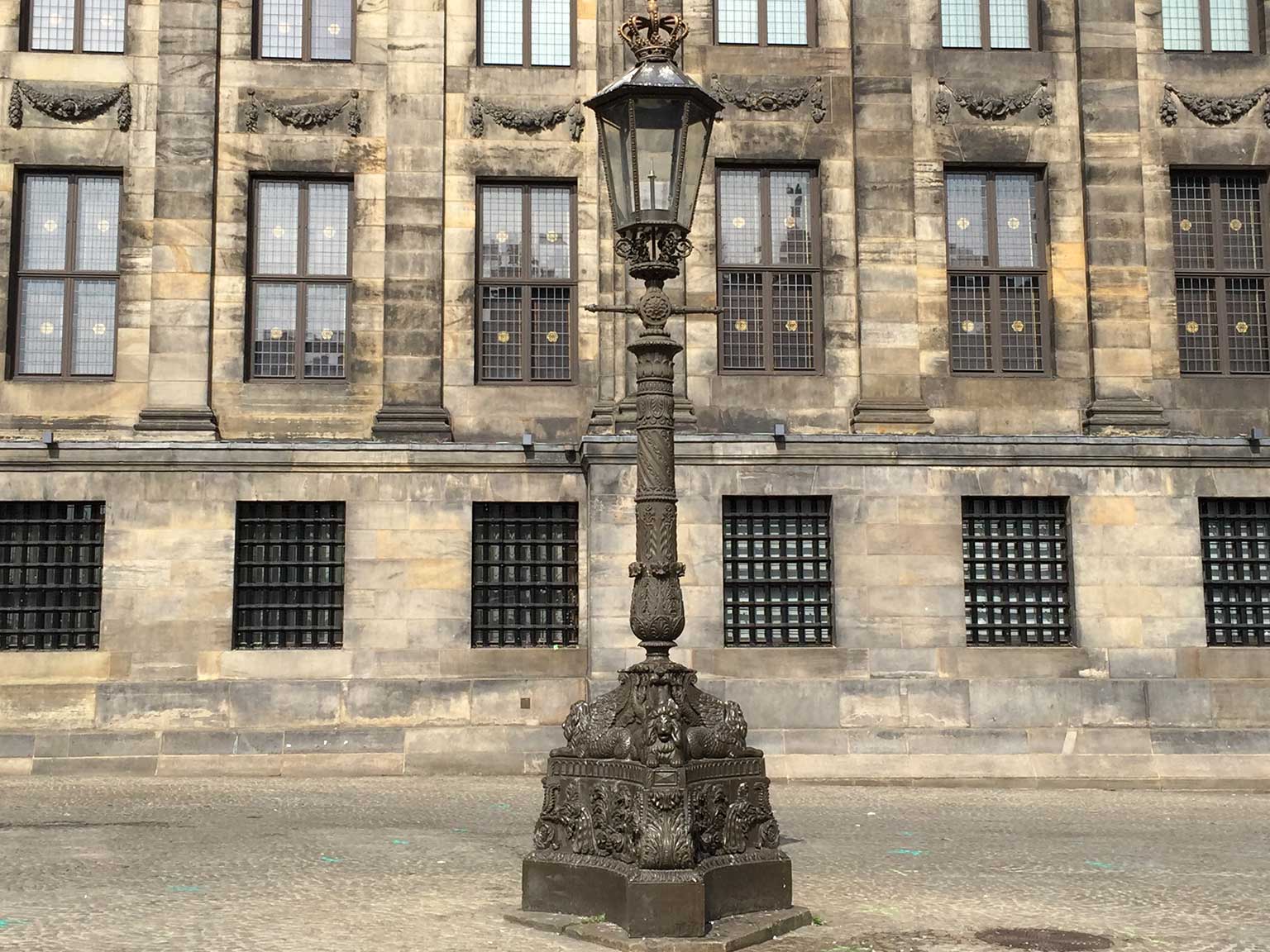 Lamp posts from 1844 in front of the palace, Dam, Amsterdam