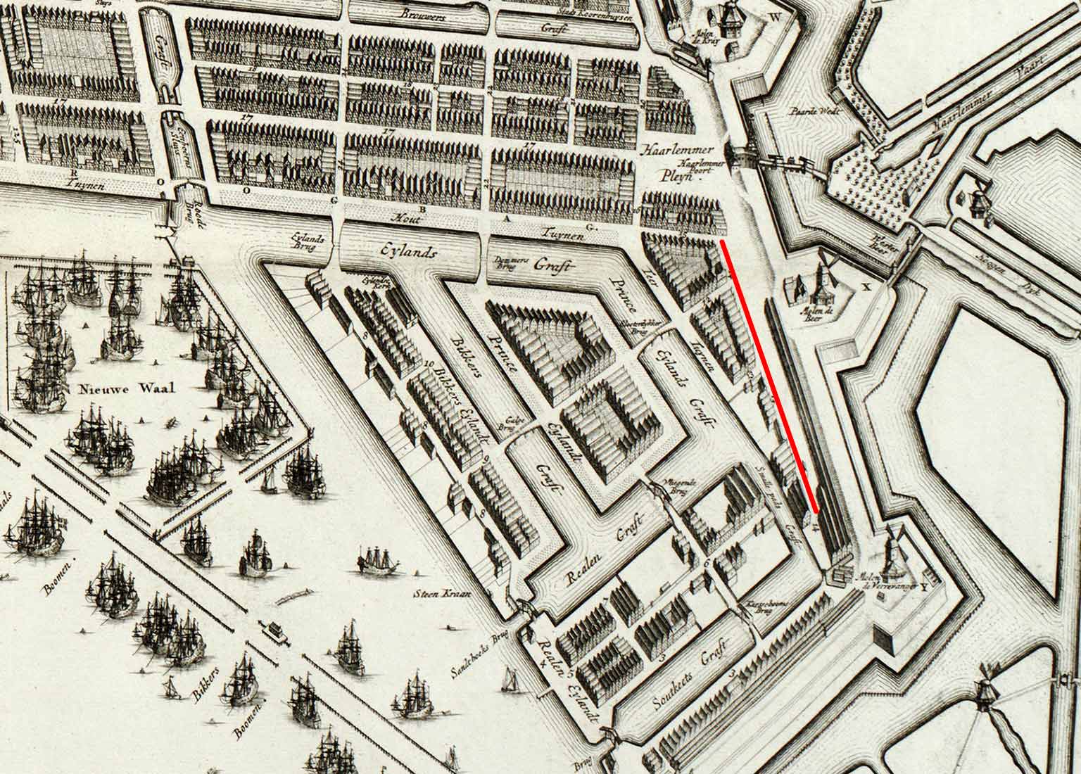 Het vroegere Smallepad (huidige Planciusstraat), Amsterdam, detail van een kaart uit 1737