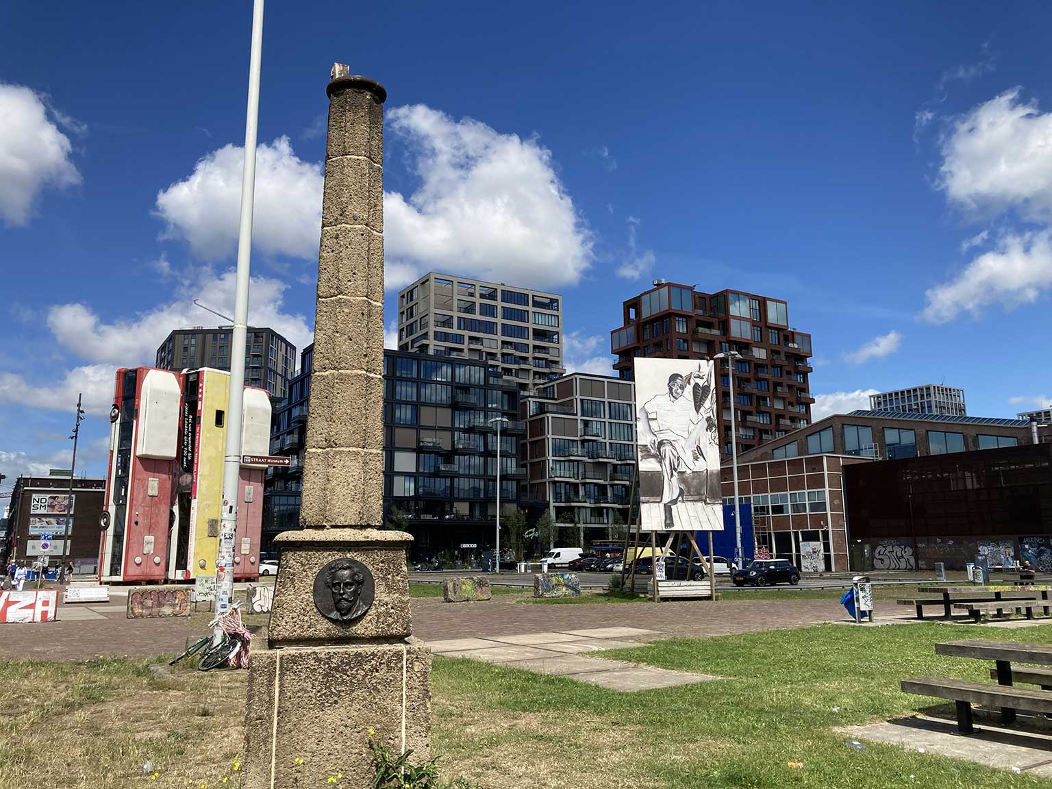 NDSM square, Amsterdam, with "Naald van Goedkoop" (Goedkoop's Needle)