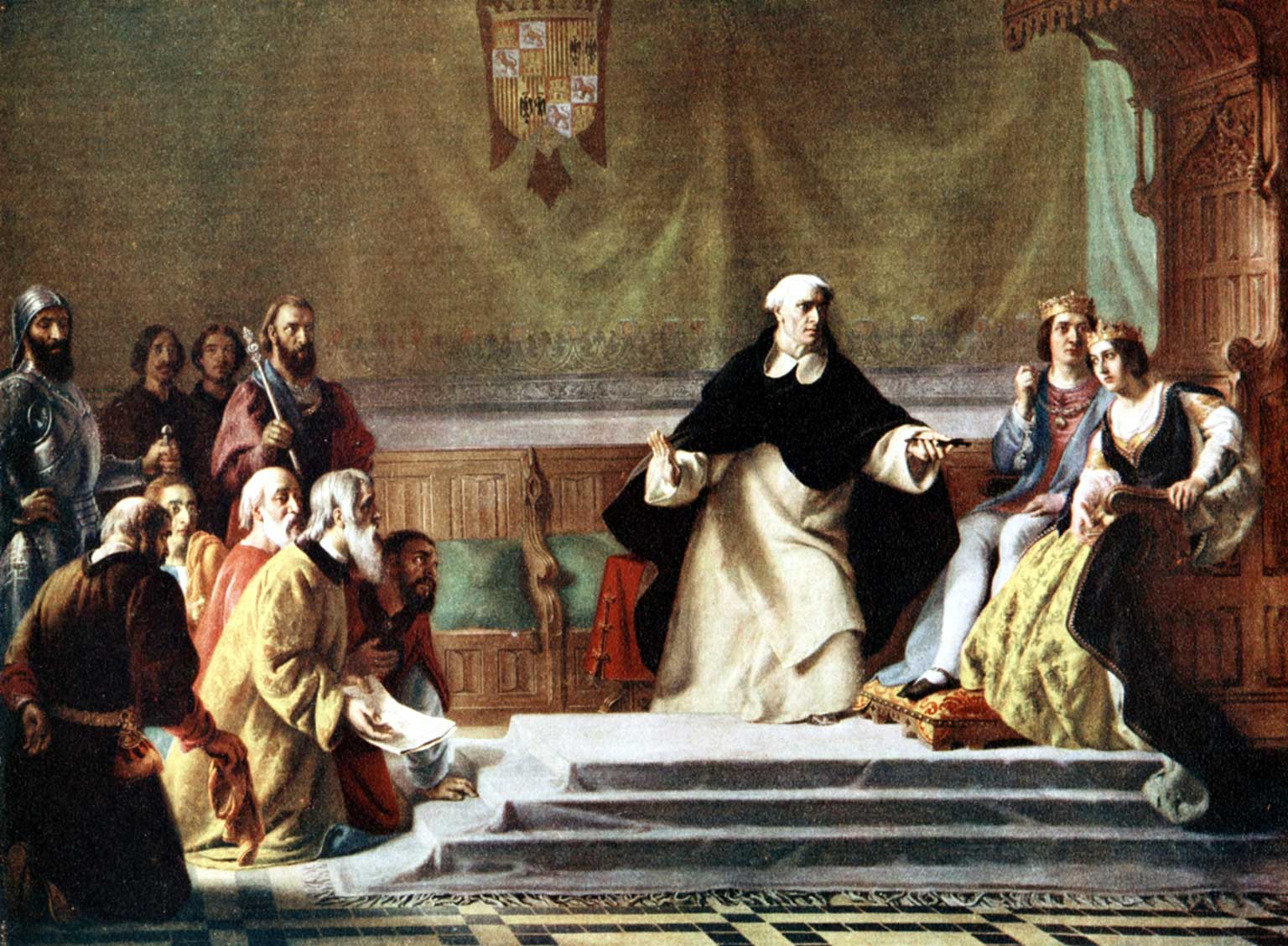 Spaanse Joden smeken bij Isabelle van Castile, schilderij van Solomon A. Hart