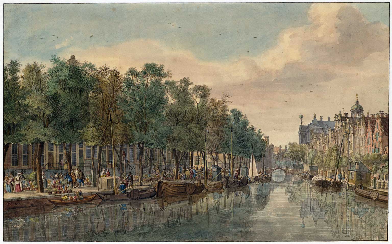 Bloemmarkt op de Nieuwezijds Voorburgwal, Amsterdam, in 1759. Tekening van Jan de Beijer