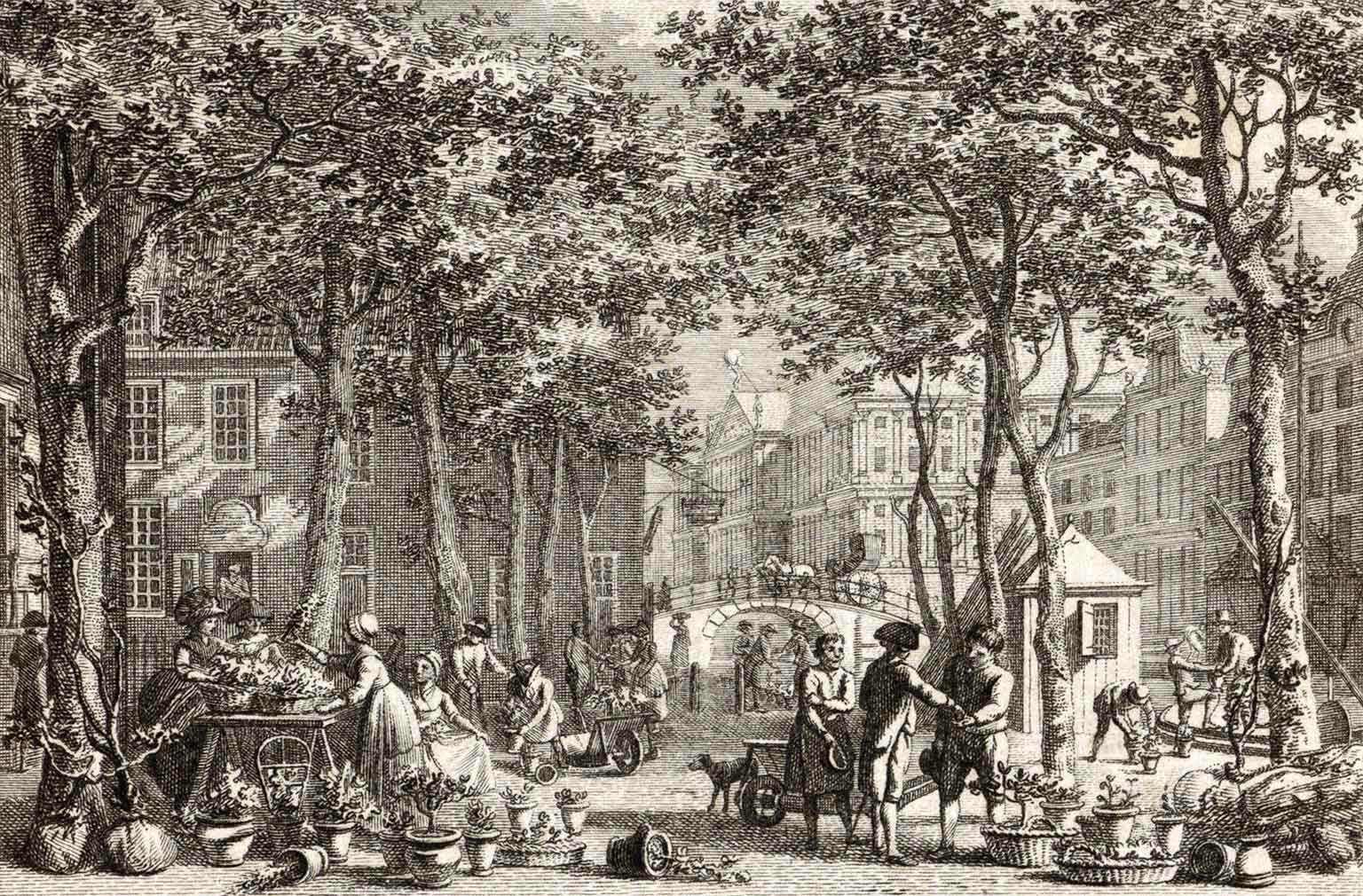 Gravure van de Bloemmarkt op de Nieuwezijds Voorburgwal, Amsterdam, rond 1800
