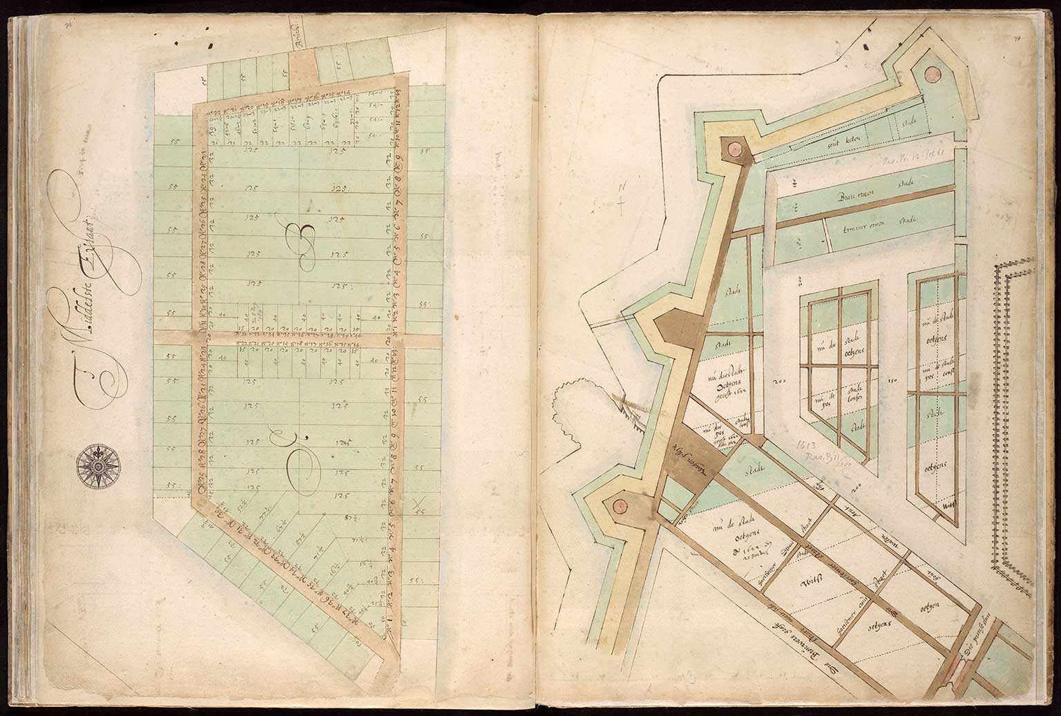 Two cadastral drawings from 1623 and 1622 with measured and numbered lots on Prinseneiland, Amsterdam