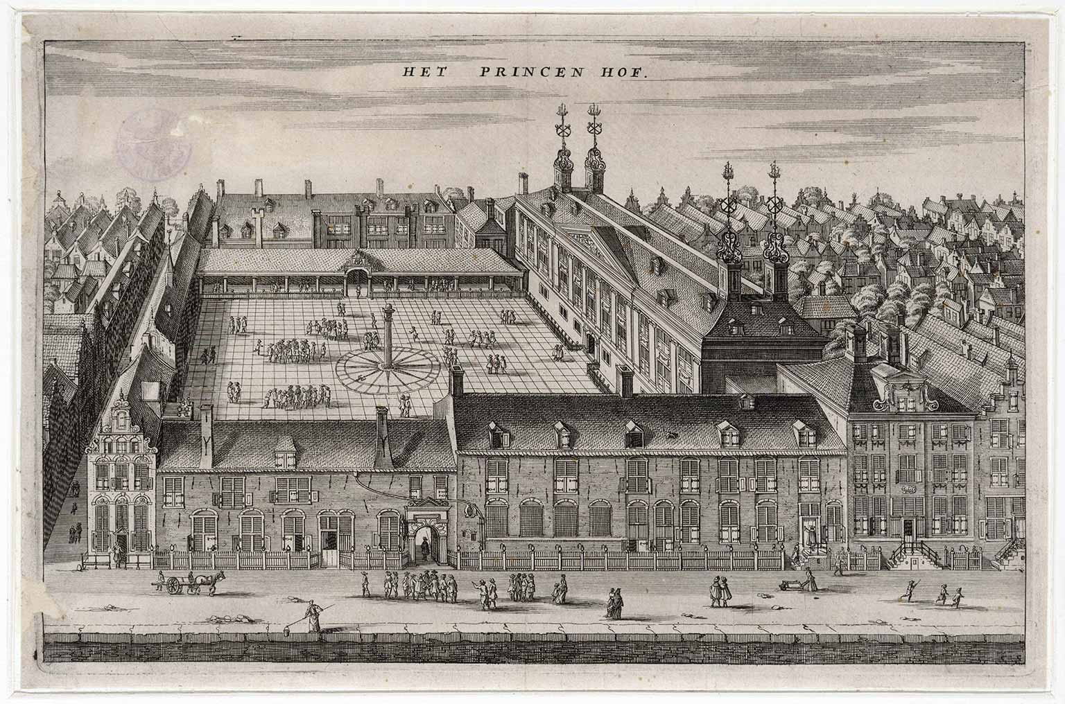 Prinsenhof, Amsterdam, in vogelvlucht, gravure uit 1664
