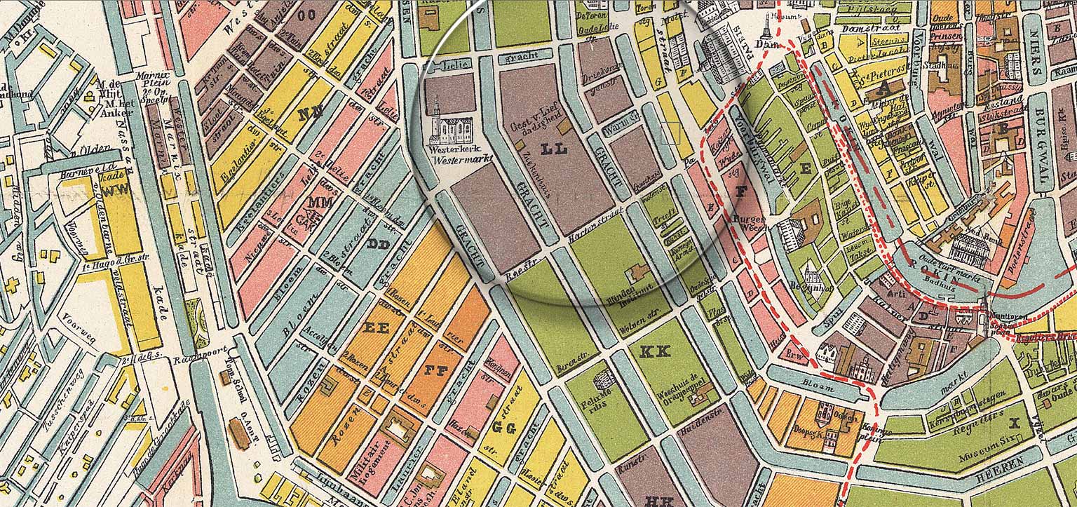 Kaart 1882, locatie latere Raadhuisstraat, Amsterdam