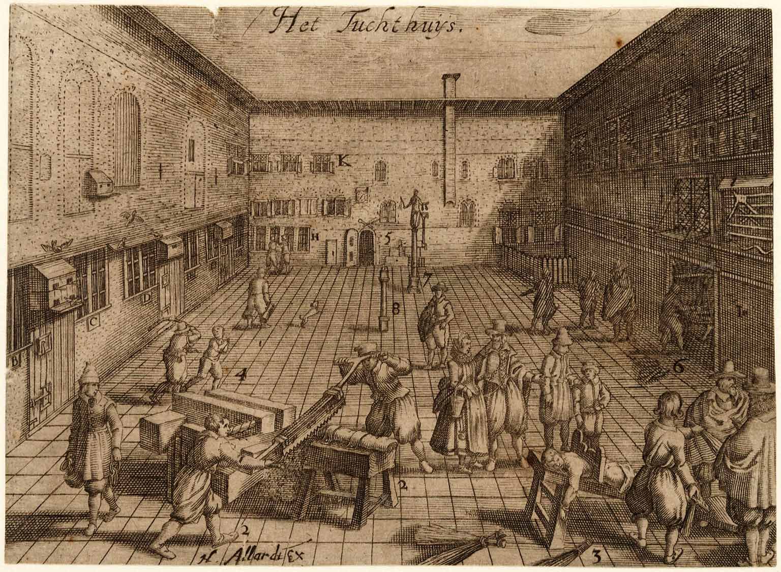 Binnenplaats van het Rasphuis op de Heiligeweg, Amsterdam, gravure uit 1612