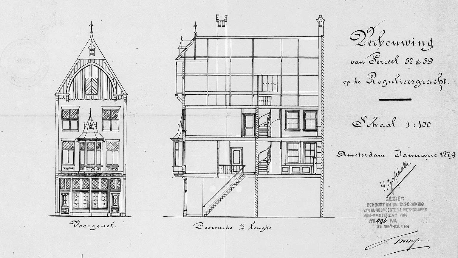 Reguliersgracht 57-59, Amsterdam, tekening uit 1879 van architect Isaac Gosschalk