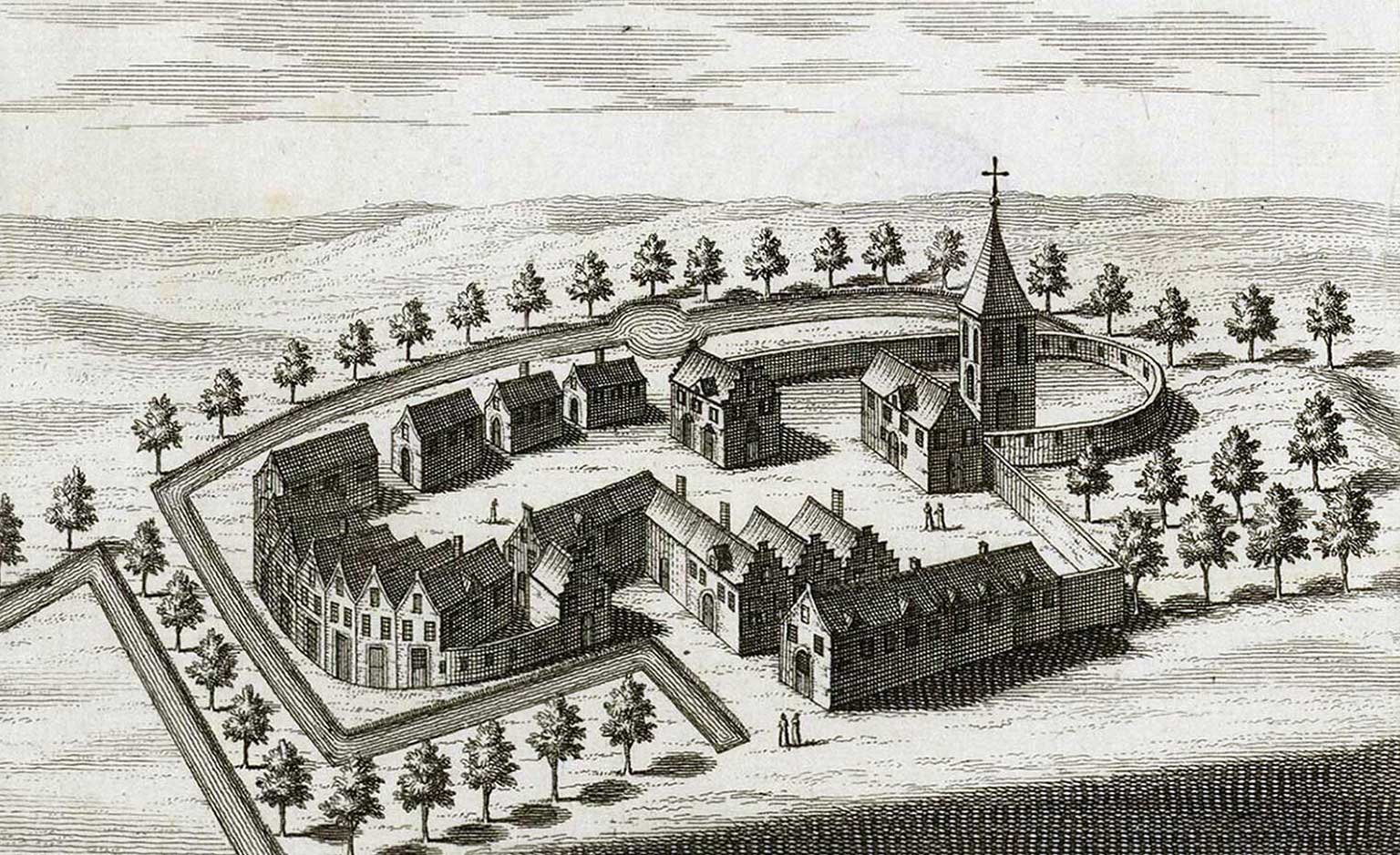 A reconstruction in birds-eye view of the Regulars Convent, Amsterdam, as it was in 1536