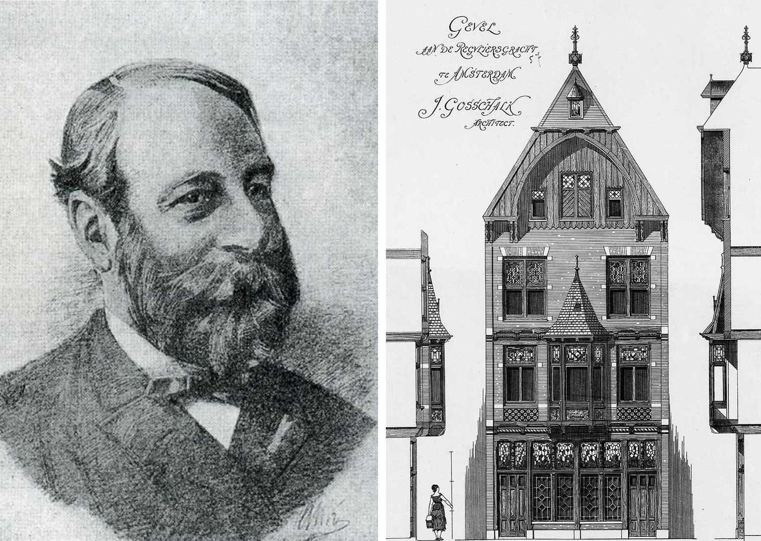 Portrait of archtiect Isaac Gosschalk and his drawing of the front of Reguliersgracht 57, Amsterdam
