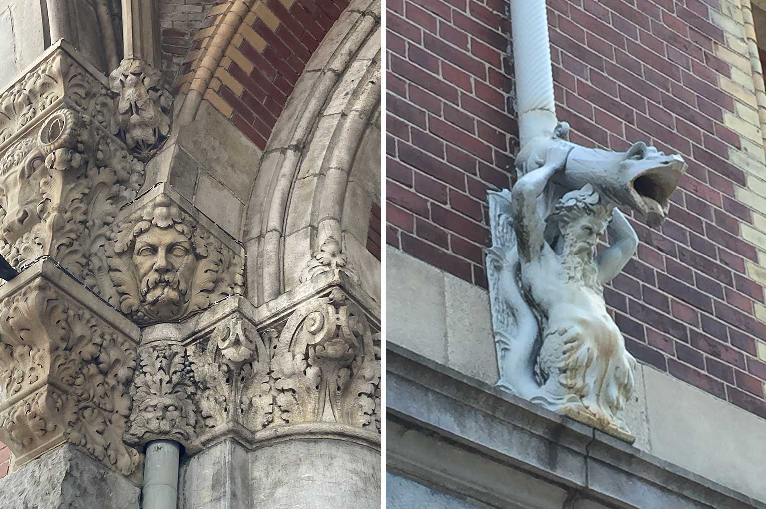 Two details of the Rijksmuseum building, Amsterdam, ornaments on an arch and rainpipe 