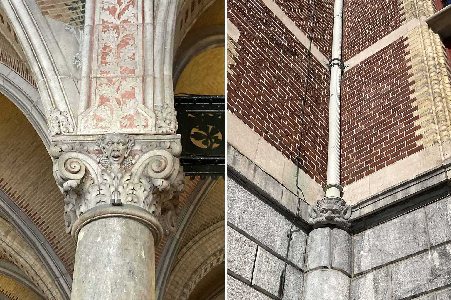 Twee details van het Rijksmuseumgebouw, Amsterdam, ornamenten op een pilaar en op een regenpijp