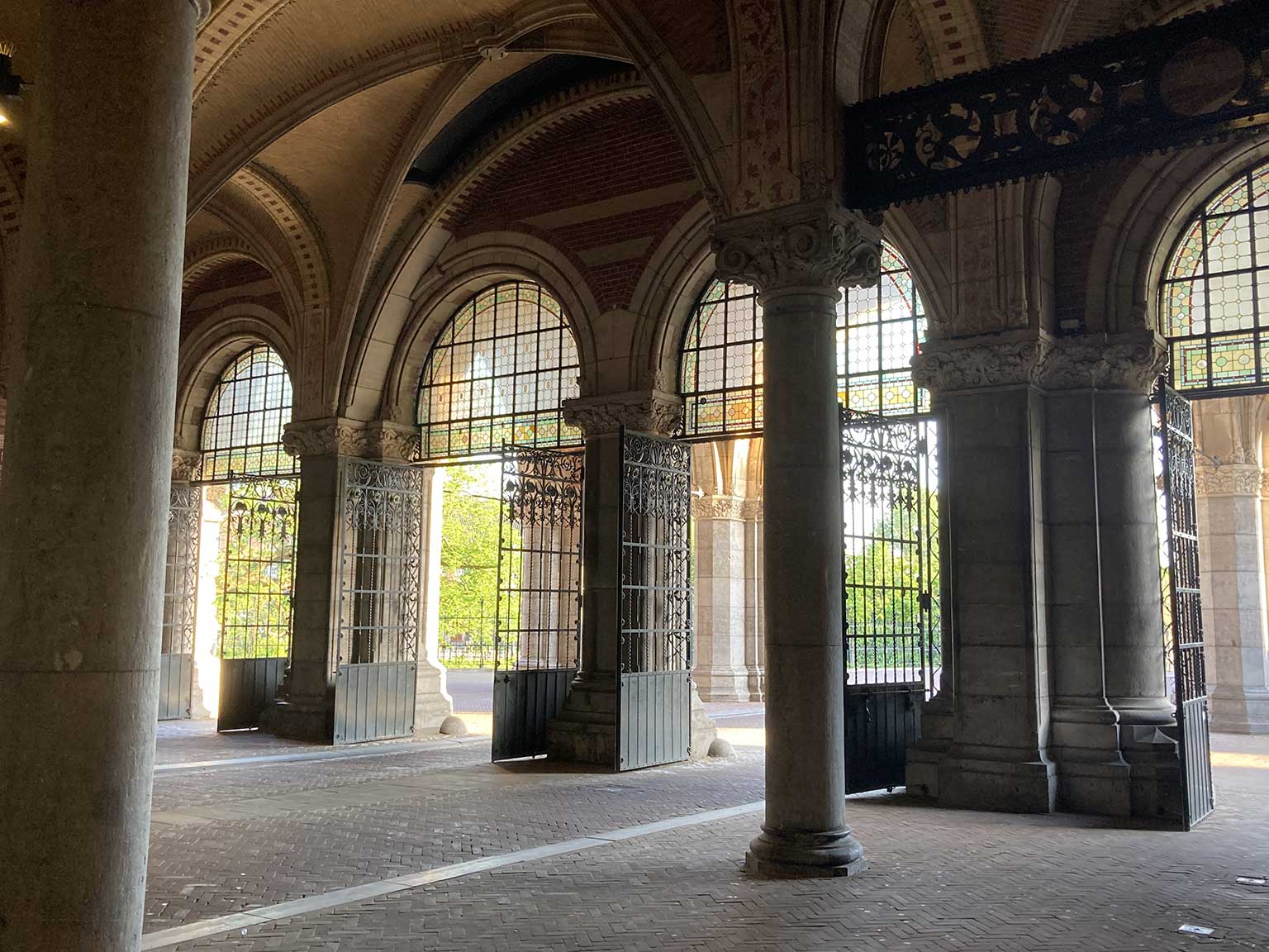 Southern exit of the Rijksmuseum Passage, Amsterdam, with stained glass windows