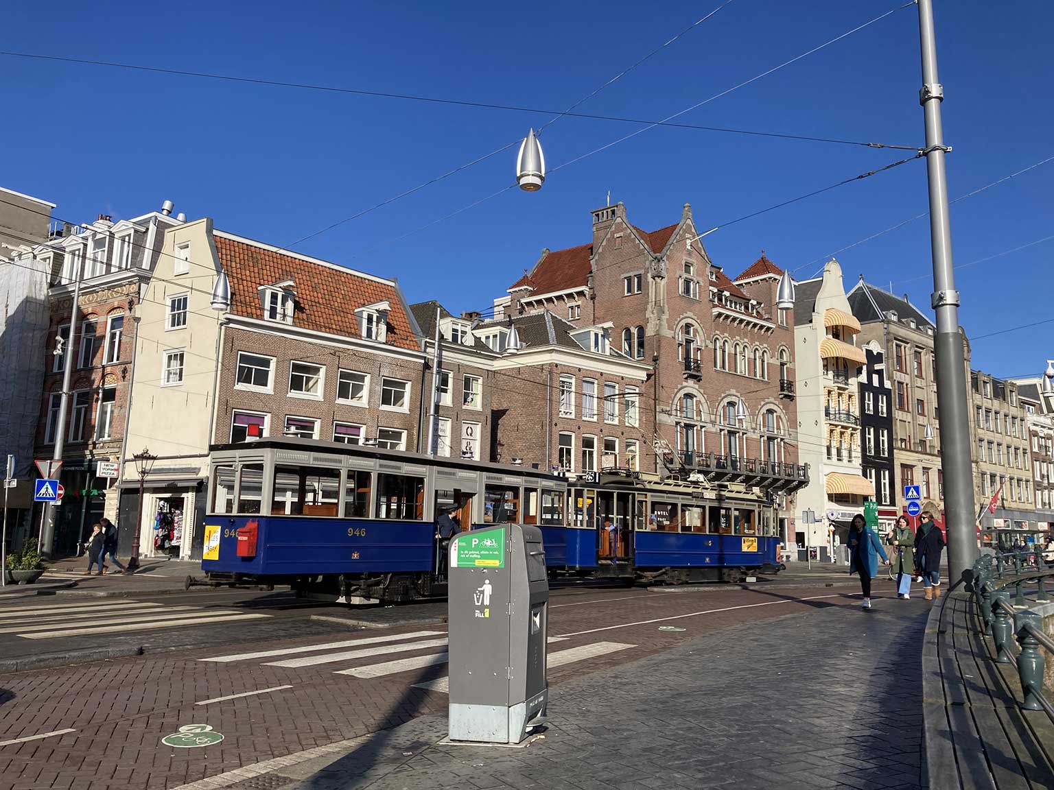 Rokin, Amsterdam, seen from corner Spui north, with historical blue tram