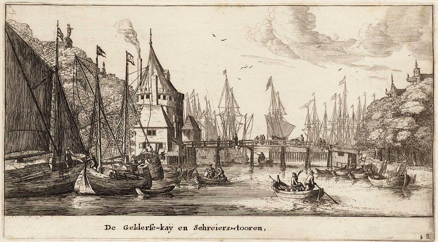 Schreierstoren, Amsterdam, vanaf de Geldersekade, gravure van Reinier Nooms uit 1652-1654