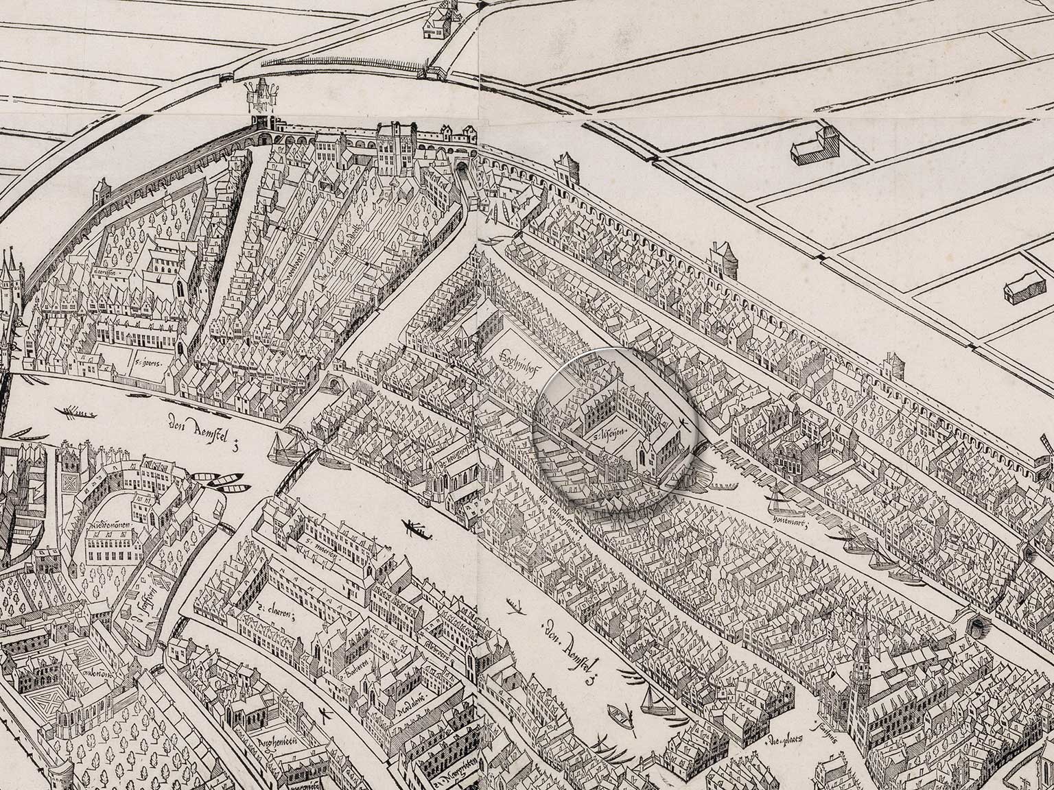 Former Saint Lucia Convent from 1414 in Amsterdam on a map by Cornelis Anthonisz from 1544