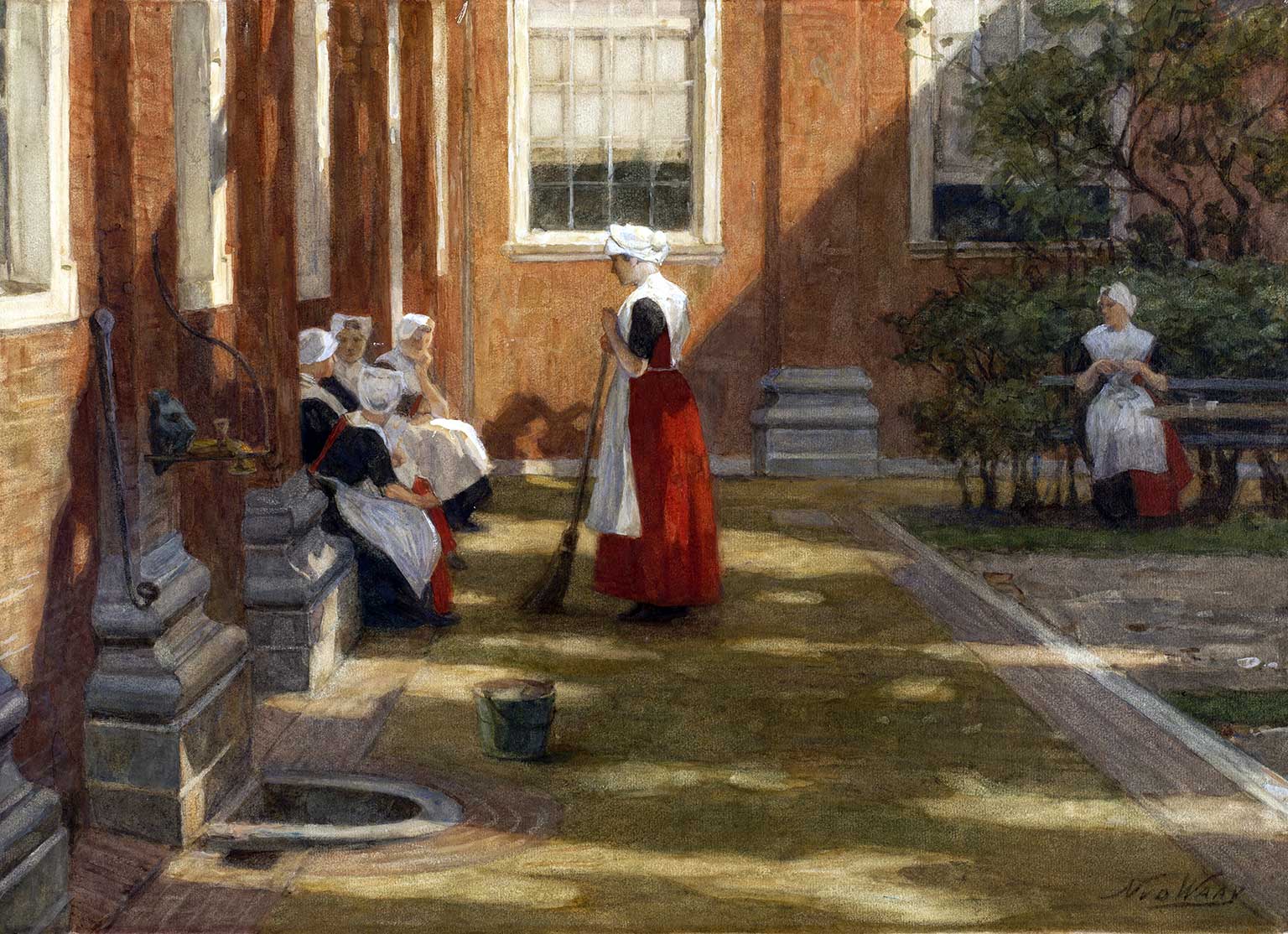 Binnenplaats van de meisjes in het Burgerweeshuis, schilderij van Nicolaas van der Waay