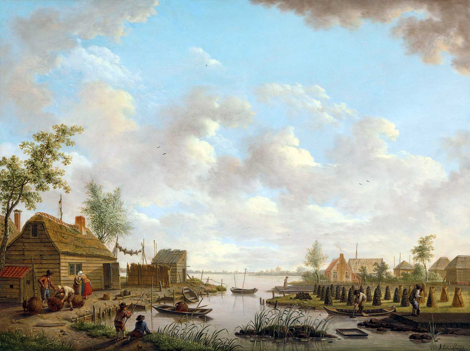 Landschap met vissers en turfstekers, schilderij van Hendrik Willem Schweickhardt, 1783